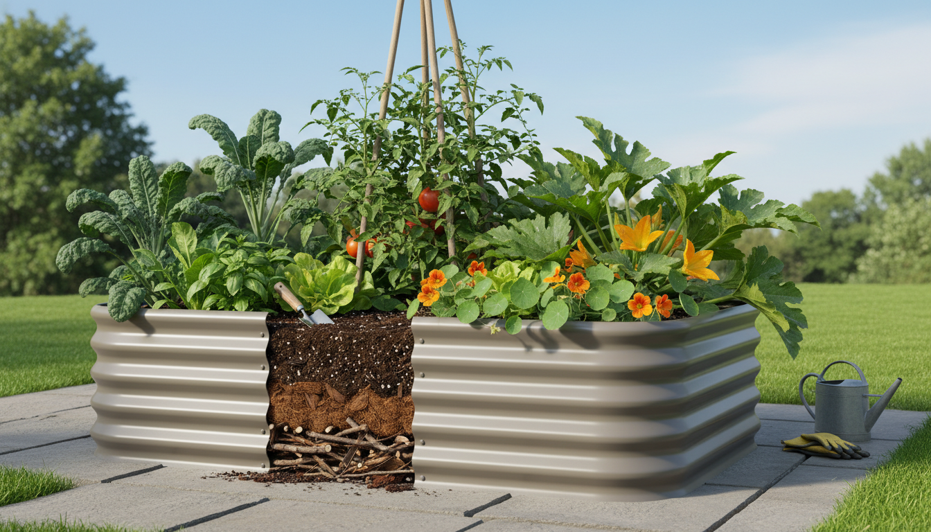 A 4x8 raised garden bed filled with layered soil mix, showing healthy vegetable plants growing in a backyard garden A 4x8 raised garden bed filled with layered soil mix, showing healthy vegetable plants growing in a backyard garden