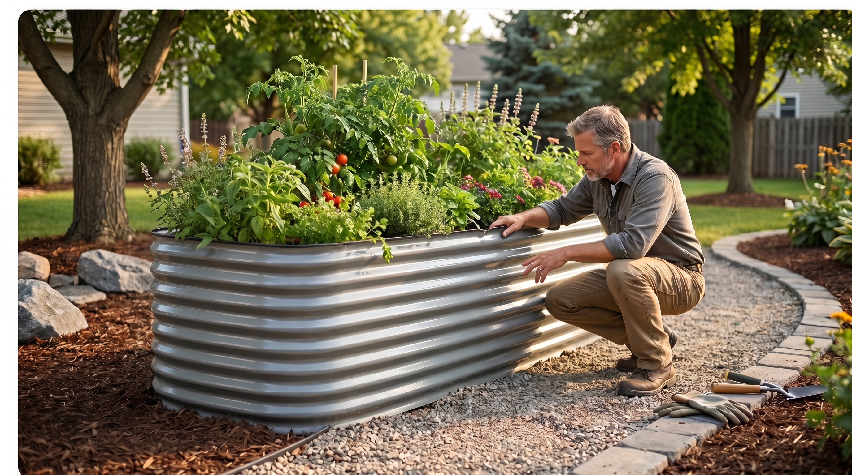A raised garden bed showing warping and bowing out on the sides, with a gardener inspecting the damage A raised garden bed showing warping and bowing out on the sides, with a gardener inspecting the damage
