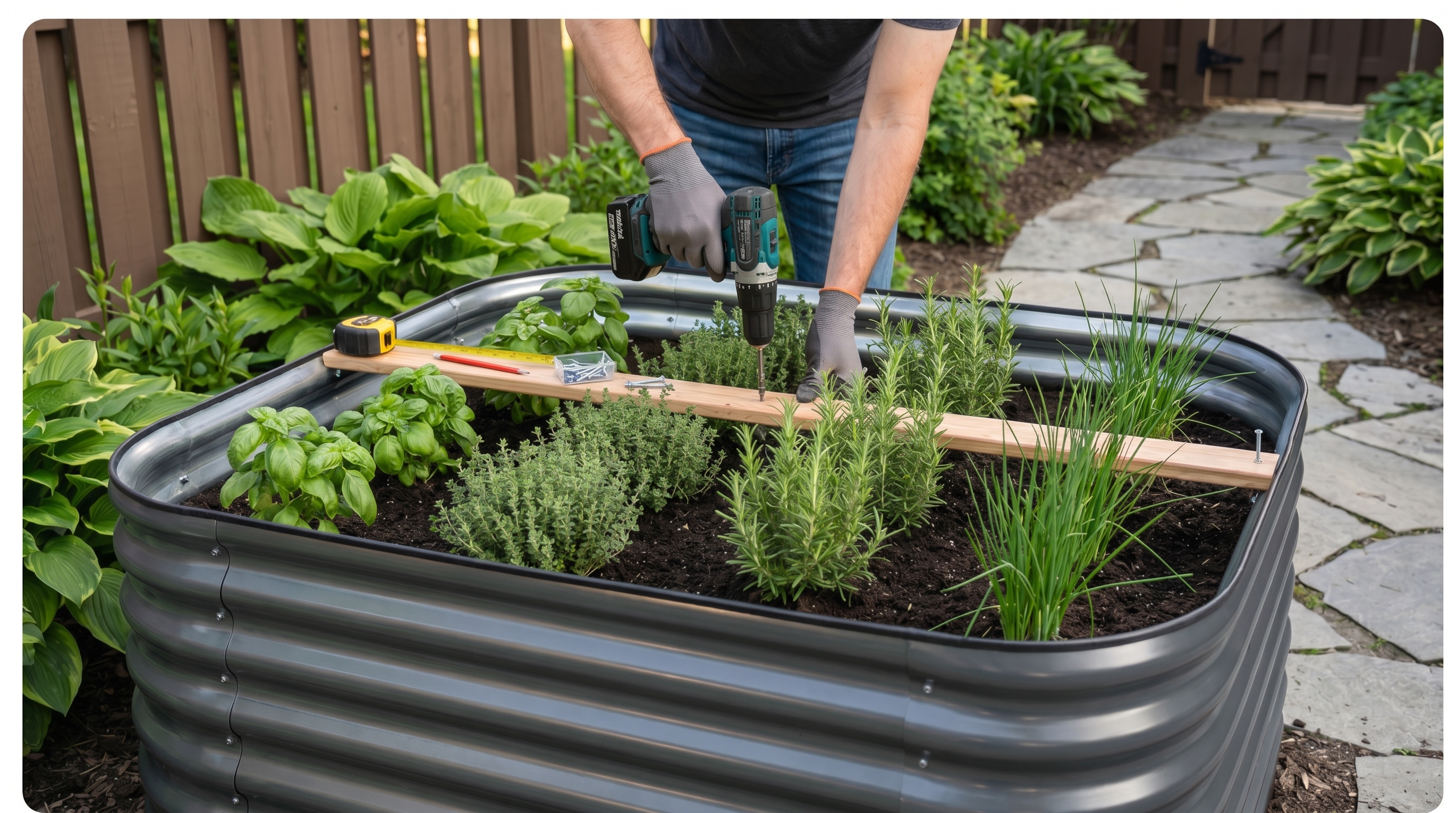 Gardener reinforcing a raised garden bed with cross braces while herbs grow inside a well-designed layout Gardener reinforcing a raised garden bed with cross braces while herbs grow inside a well-designed layout