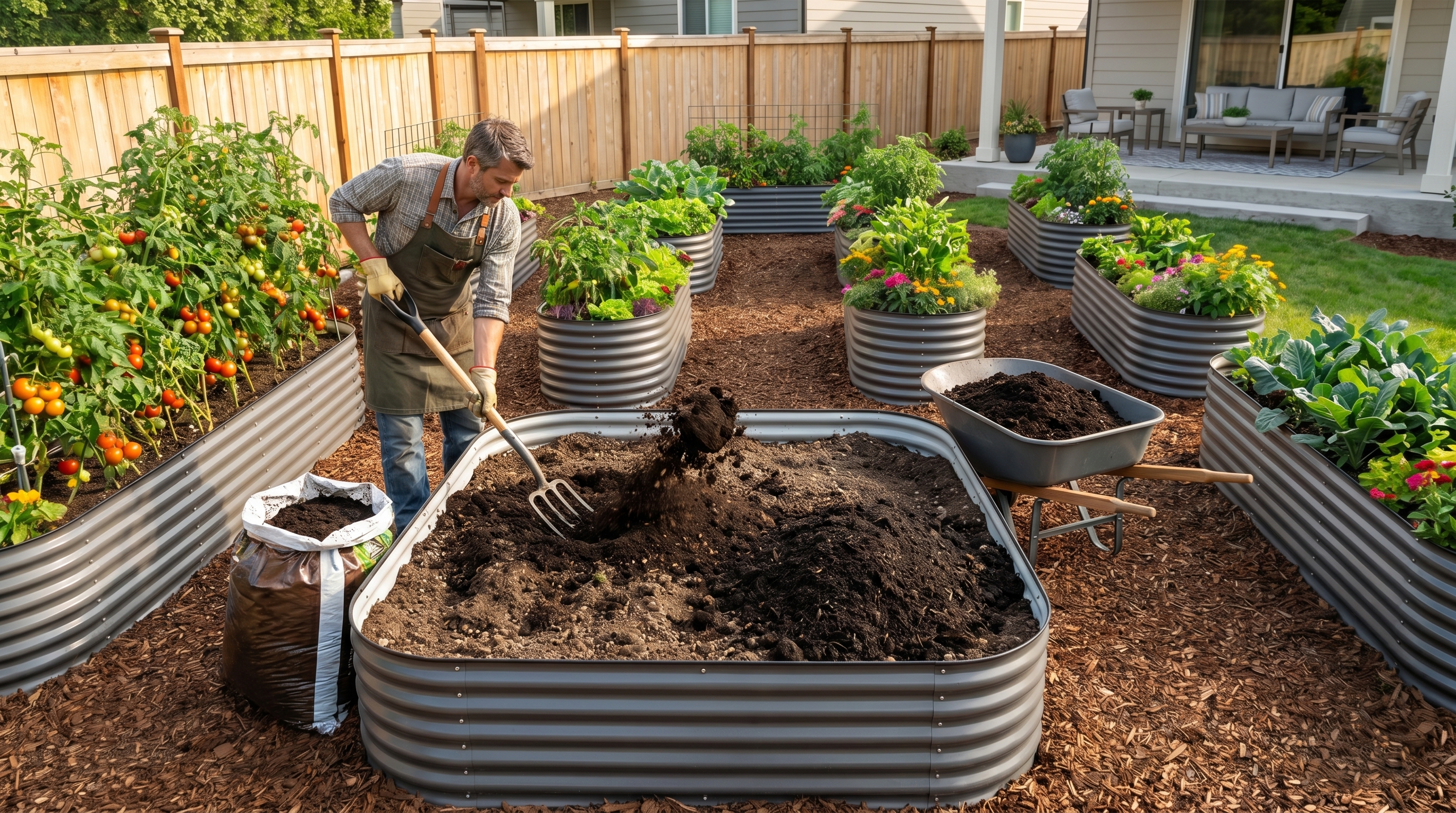 Raised garden bed with healthy soil being amended with compost to prevent compaction