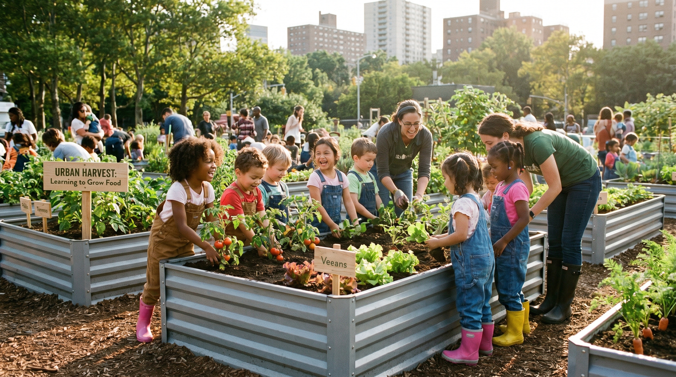 Children planting seedlings together in a bright yellow metal raised garden bed Children planting seedlings together in a bright yellow metal raised garden bed
