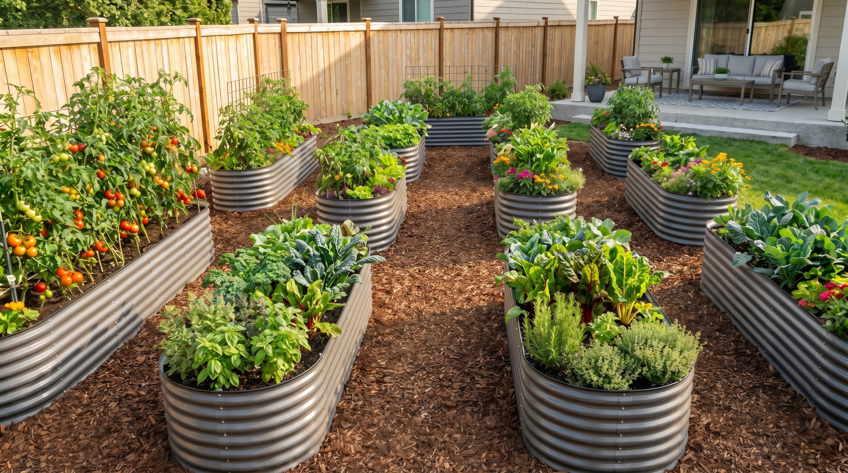 A beautifully organized multi-bed garden system in a sunny backyard with raised metal garden beds