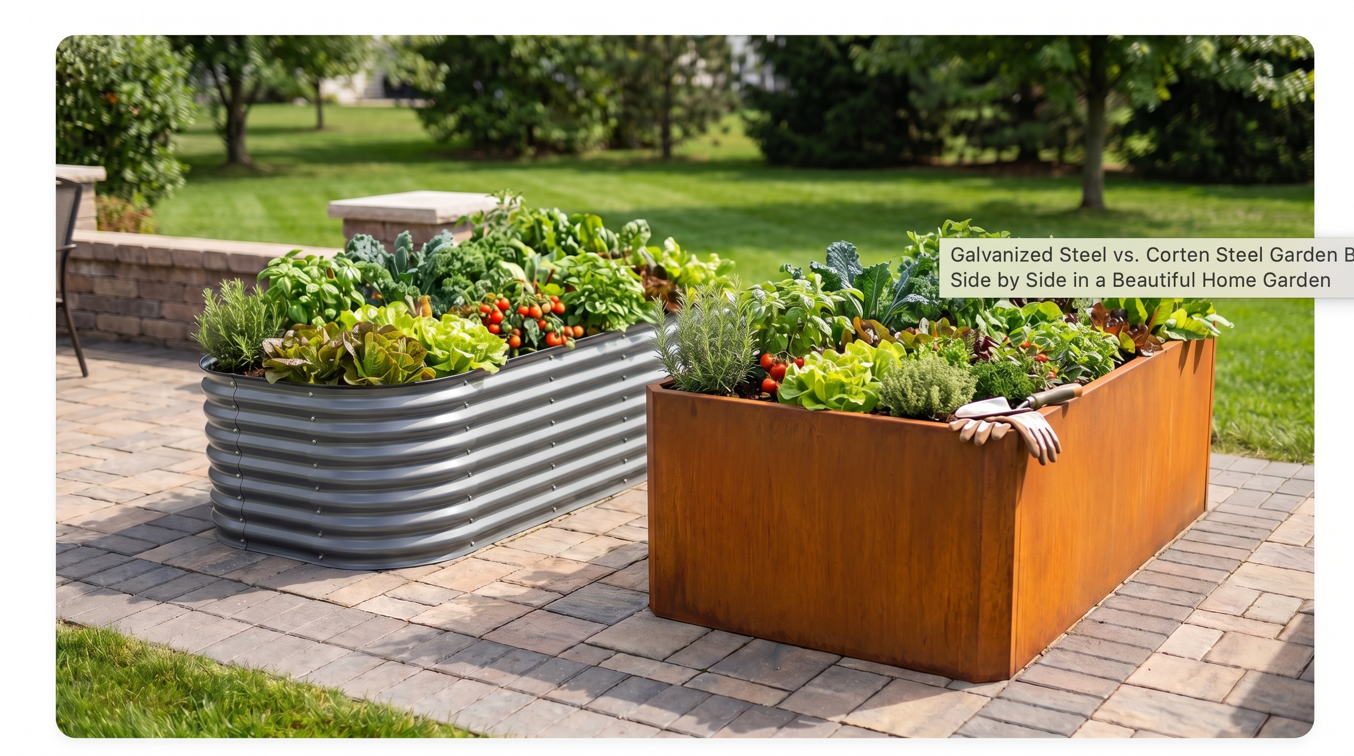 Galvanized Steel vs. Corten Steel Garden Beds Side by Side in a Beautiful Home Garden Galvanized Steel vs. Corten Steel Garden Beds Side by Side in a Beautiful Home Garden