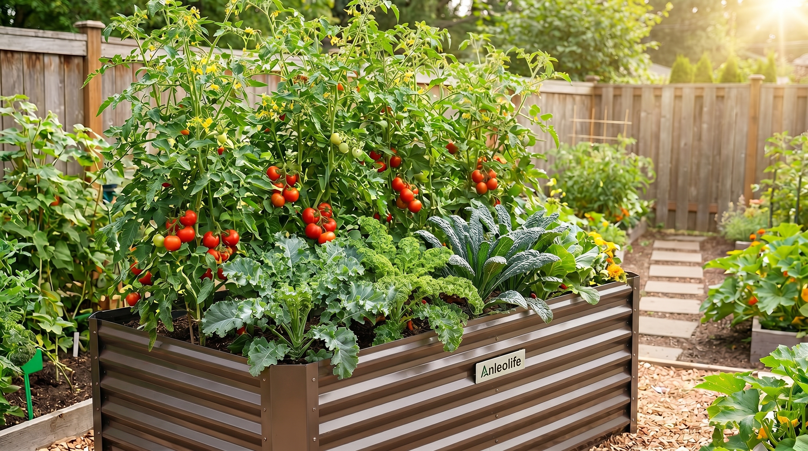 Anleolife galvanized steel raised garden bed filled with thriving summer vegetables including tomatoes, peppers, and leafy greens Anleolife galvanized steel raised garden bed filled with thriving summer vegetables including tomatoes, peppers, and leafy greens