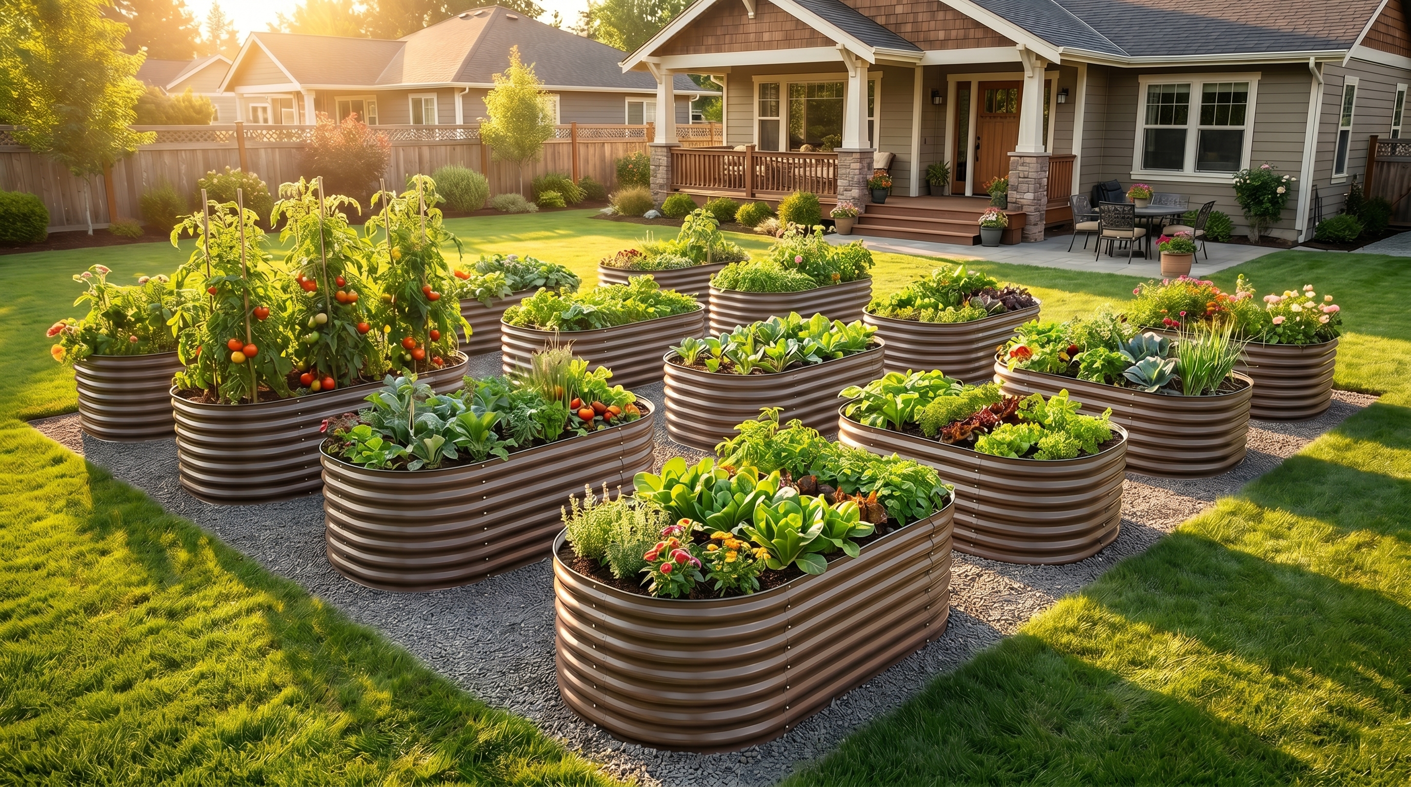 Organized multi-bed garden with metal raised beds, garden edging pathways, and vertical trellis structures