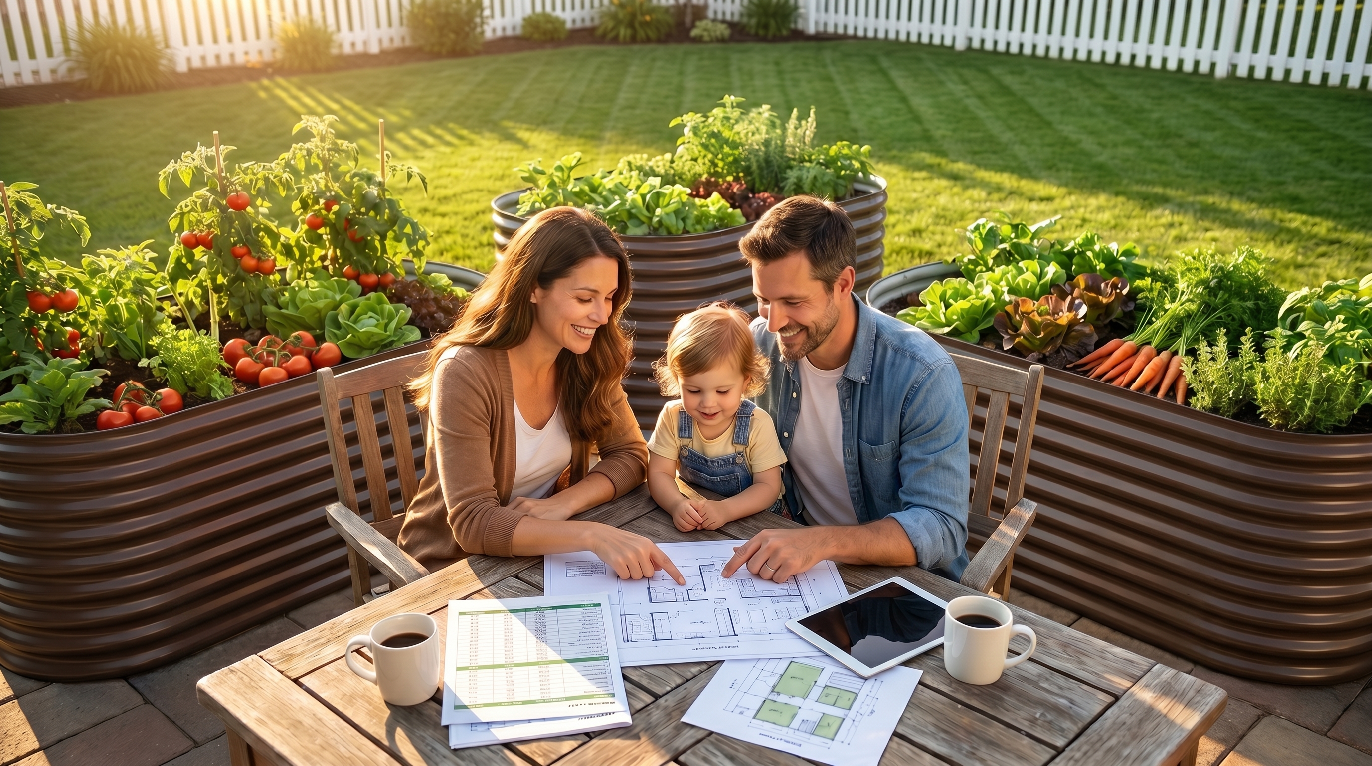 A family spending Sunday together in a flourishing backyard garden with raised beds and colorful blooms