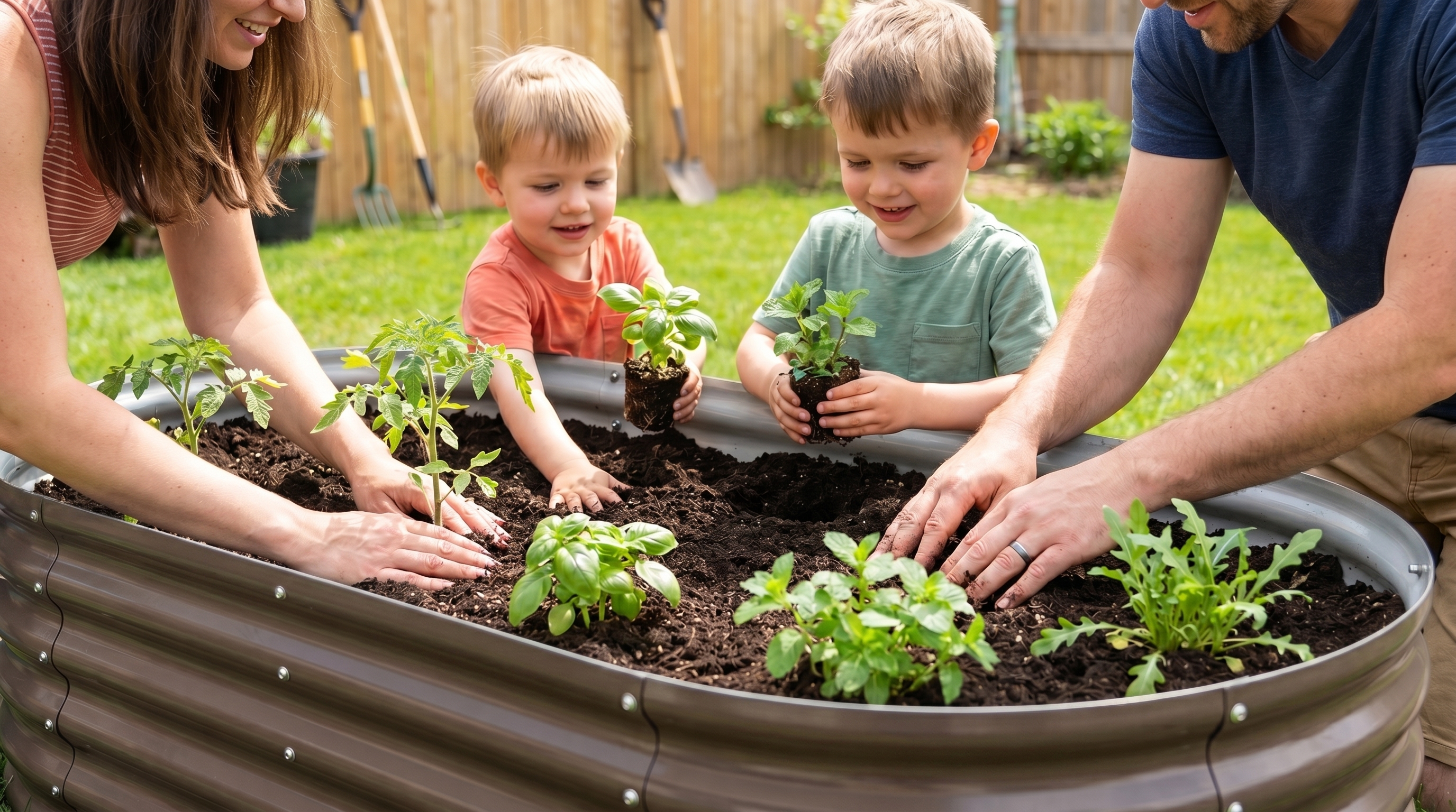 A grandparent and grandchild working together in a tall Anleolife raised garden bed filled with vegetables