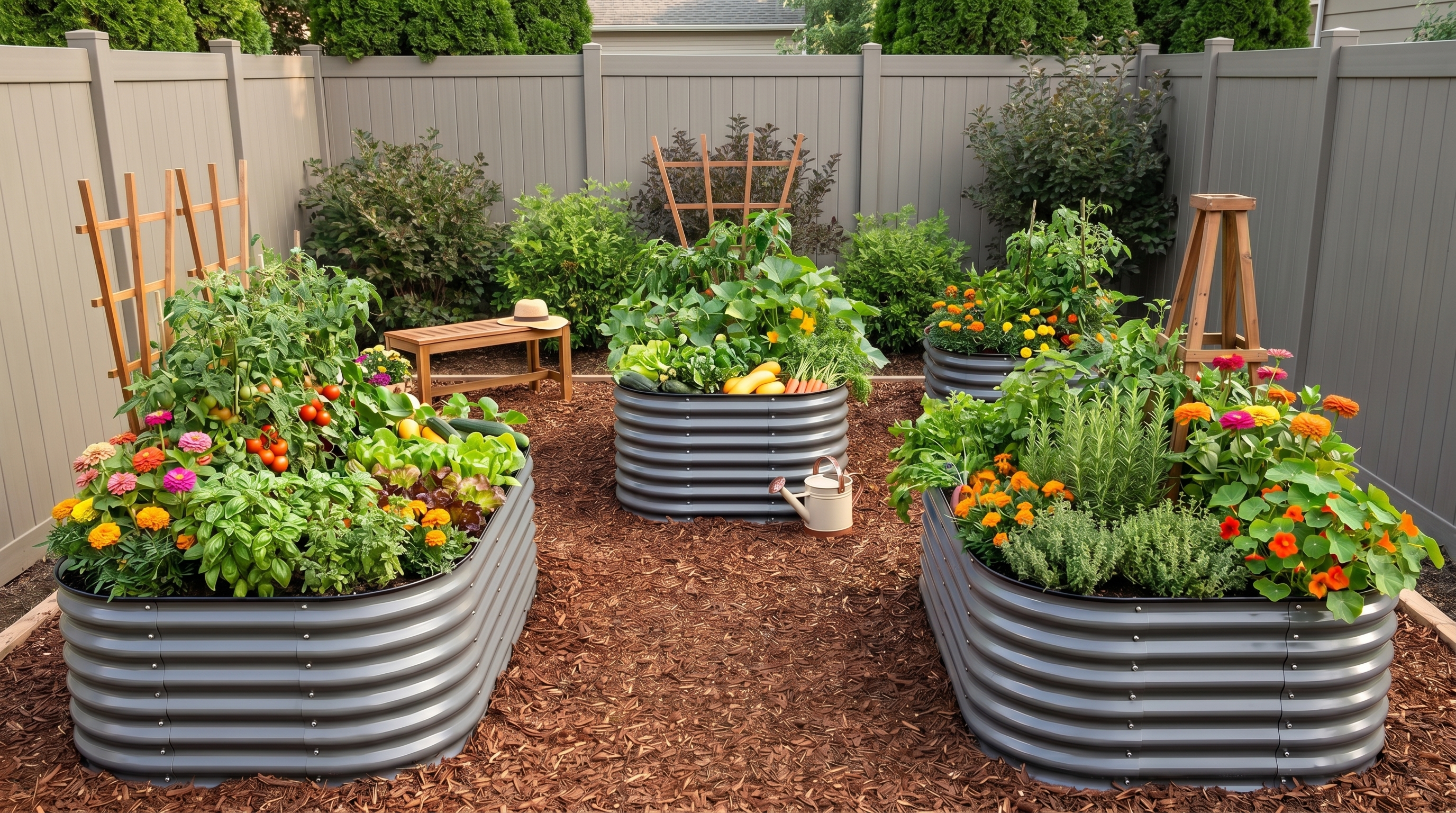 A well-organized raised garden bed layout in a compact backyard with modular metal beds and neat pathways A well-organized raised garden bed layout in a compact backyard with modular metal beds and neat pathways