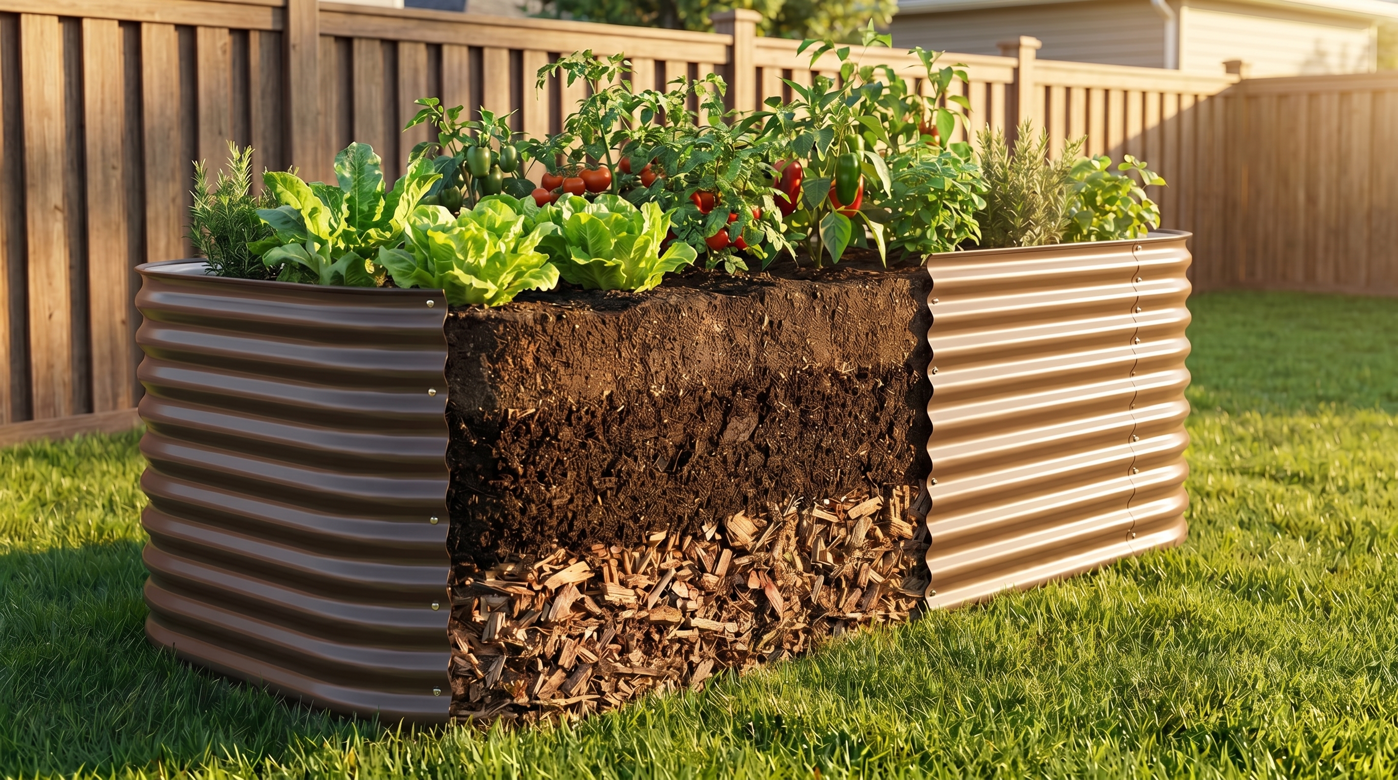 A raised garden bed filled with layered soil showing hugelkultur, compost, and topsoil layers for optimal plant growth A raised garden bed filled with layered soil showing hugelkultur, compost, and topsoil layers for optimal plant growth