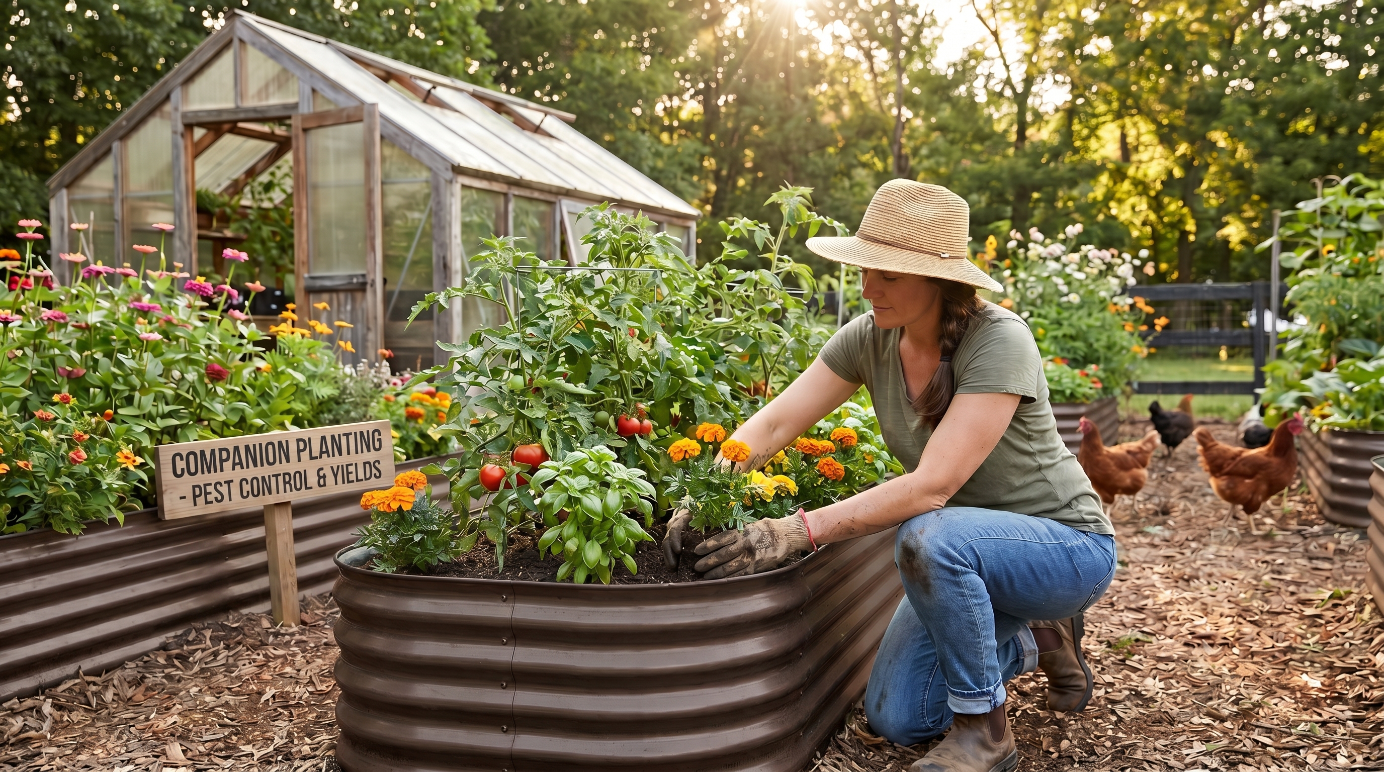 Gardener arranging companion plants including marigolds and tomatoes in a tall galvanized raised garden bed