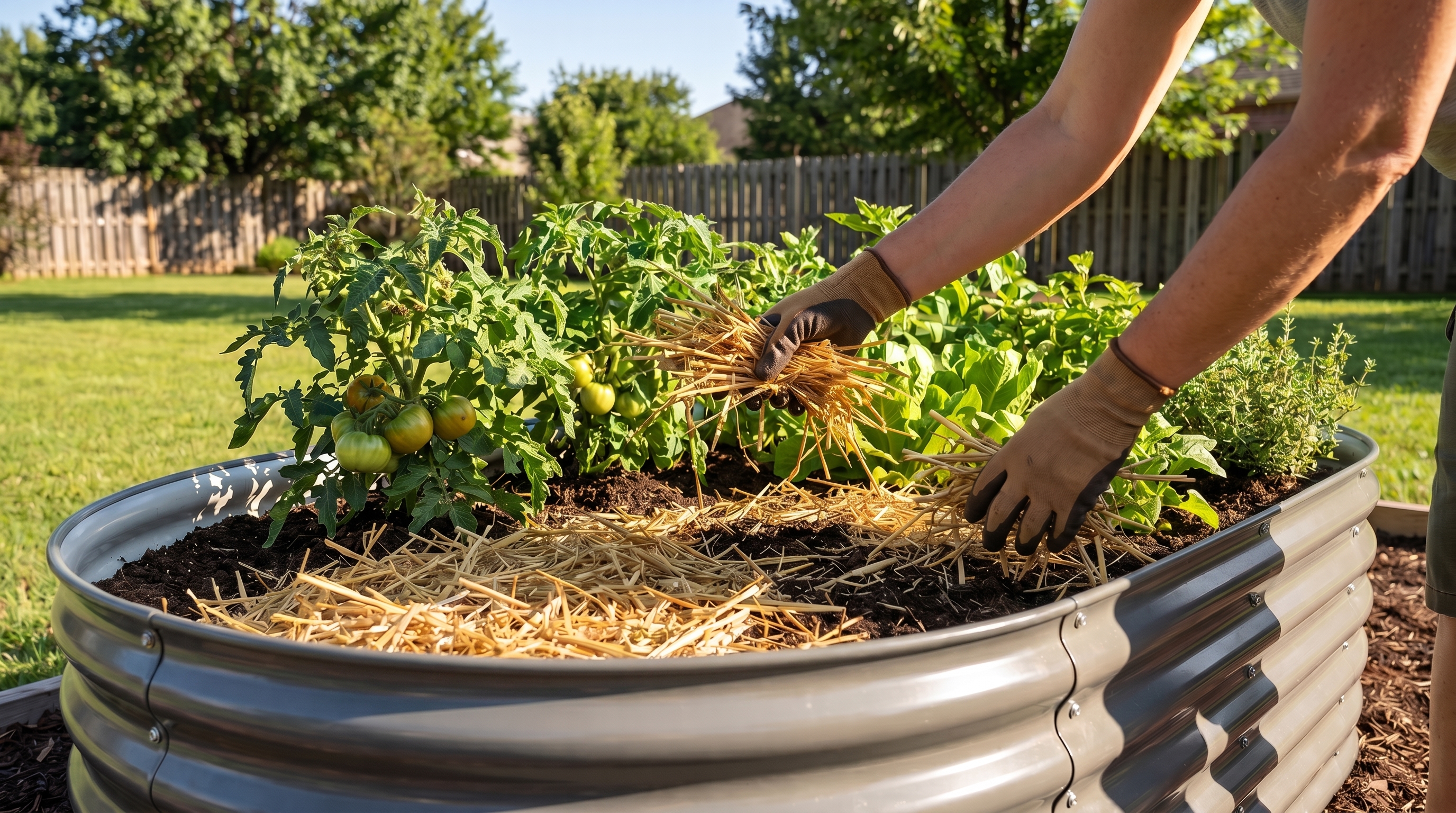 A neatly organized raised galvanized steel garden bed filled with lush vegetables growing in rich Mel's Mix soil A neatly organized raised galvanized steel garden bed filled with lush vegetables growing in rich Mel's Mix soil