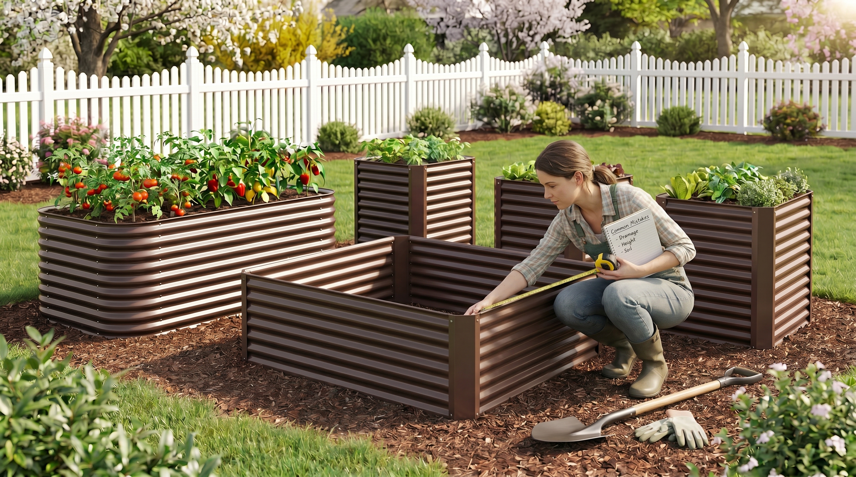 A first-time buyer comparing metal raised garden beds in a sunny backyard garden setting