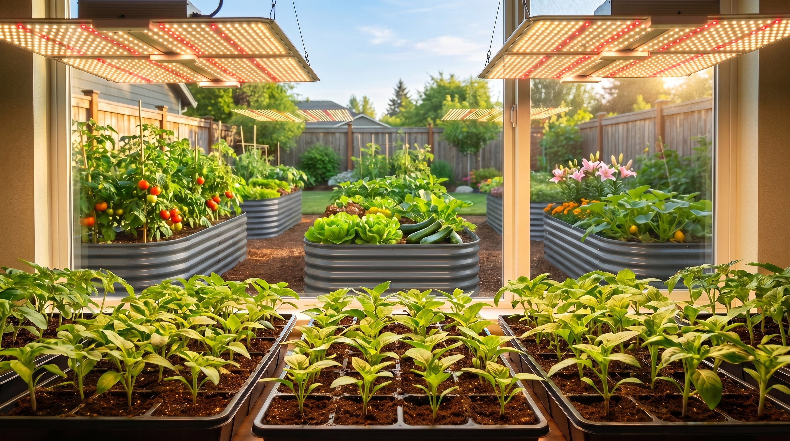 Indoor grow light setup over seedling trays with outdoor raised garden beds visible through a bright window Indoor grow light setup over seedling trays with outdoor raised garden beds visible through a bright window