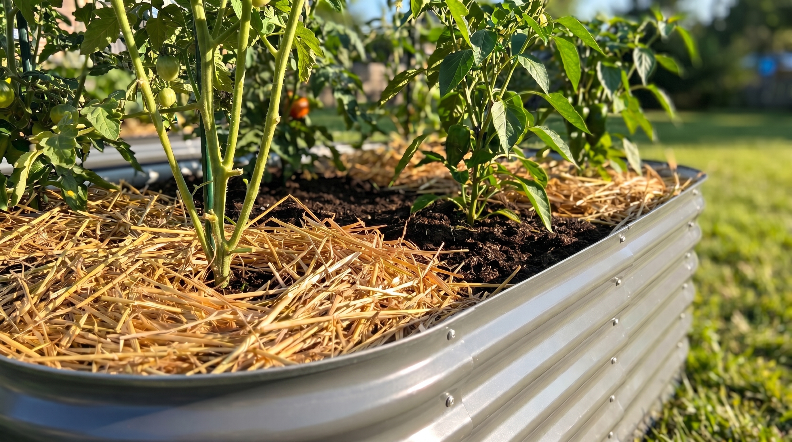 Organic straw mulch applied around tomato and pepper plants in a galvanized steel raised garden bed Organic straw mulch applied around tomato and pepper plants in a galvanized steel raised garden bed