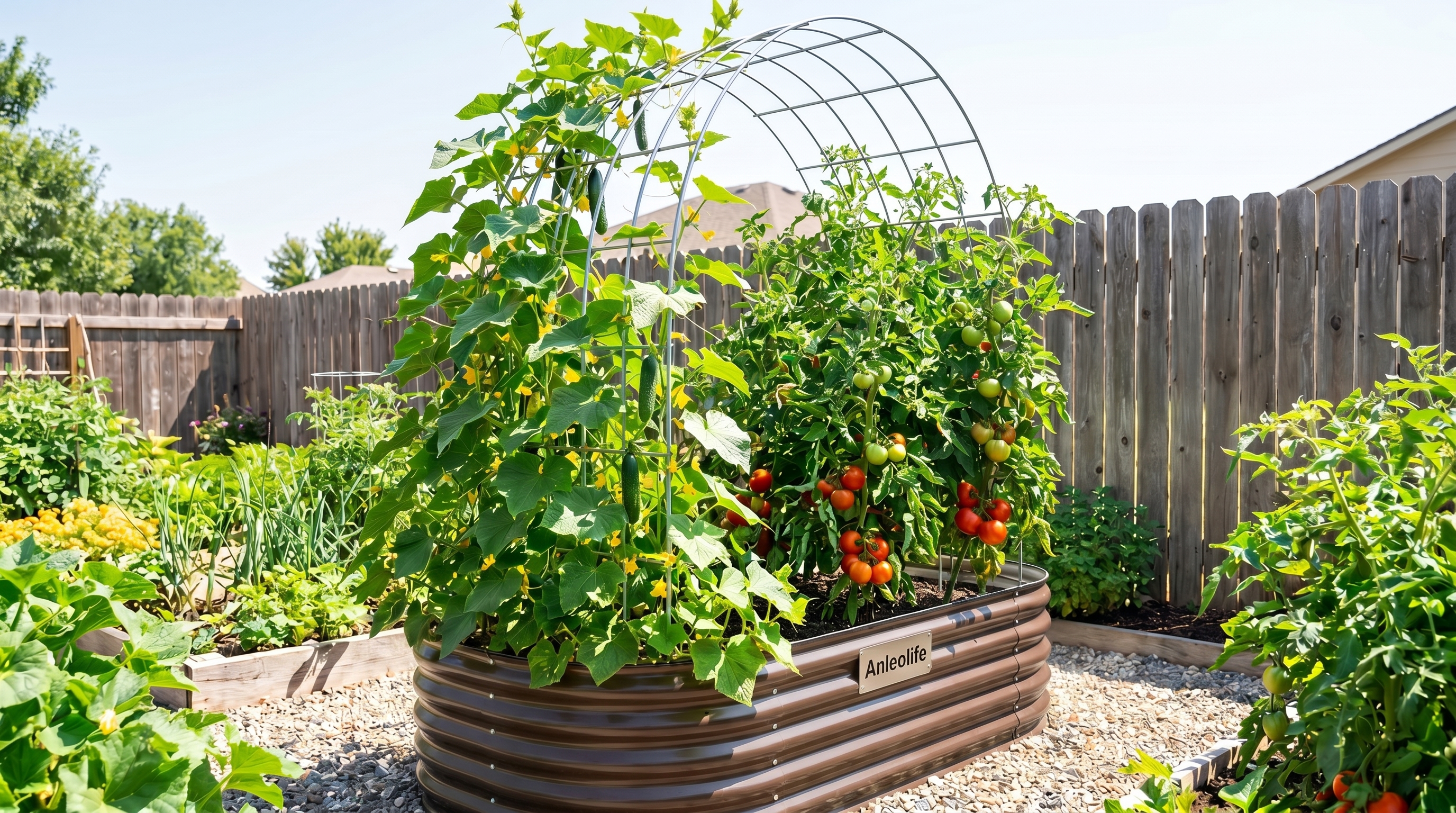 A galvanized steel raised garden bed with a wire panel trellis supporting climbing cucumbers and tomatoes in a well-organized summer backyard garden A galvanized steel raised garden bed with a wire panel trellis supporting climbing cucumbers and tomatoes in a well-organized summer backyard garden