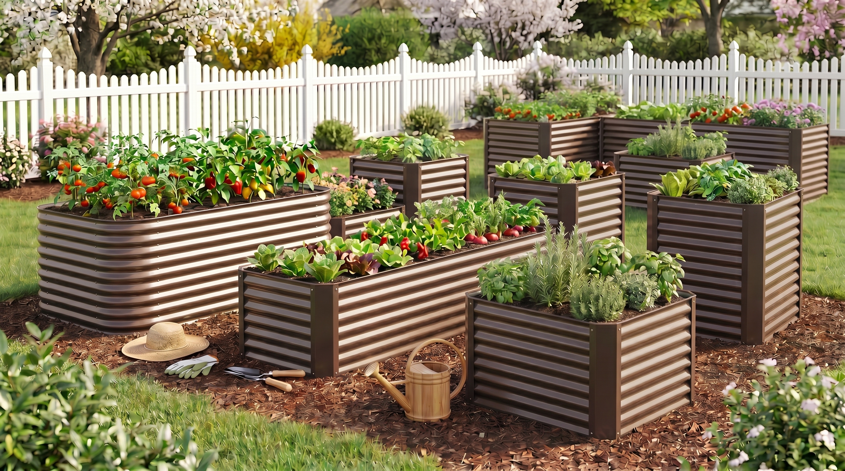 Side-by-side comparison of galvanized steel raised garden beds in various heights and sizes showing expandable modular garden layout