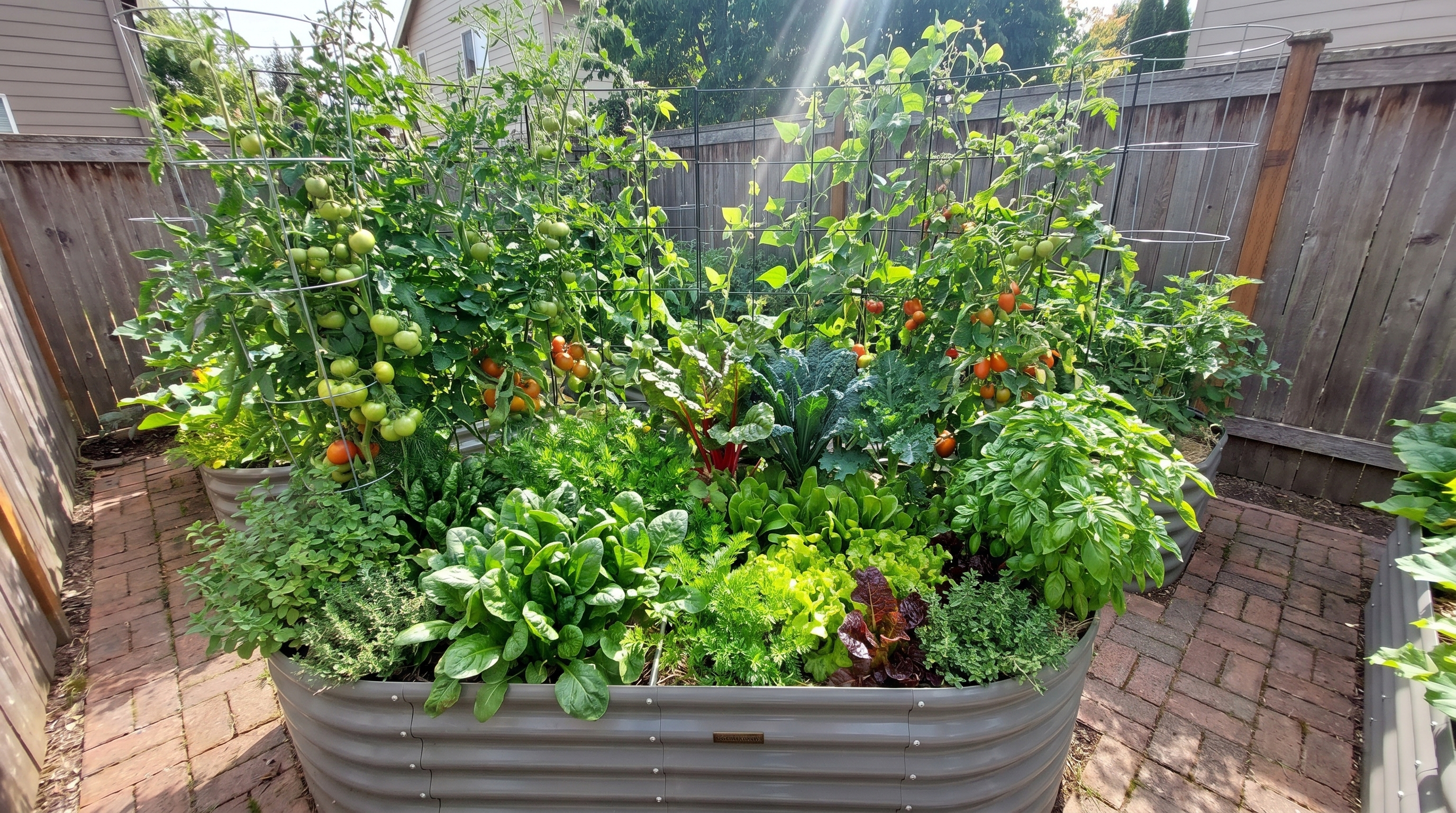 A well-organized small raised bed garden layout with tomatoes on trellis, leafy greens, and root vegetables in a compact backyard
