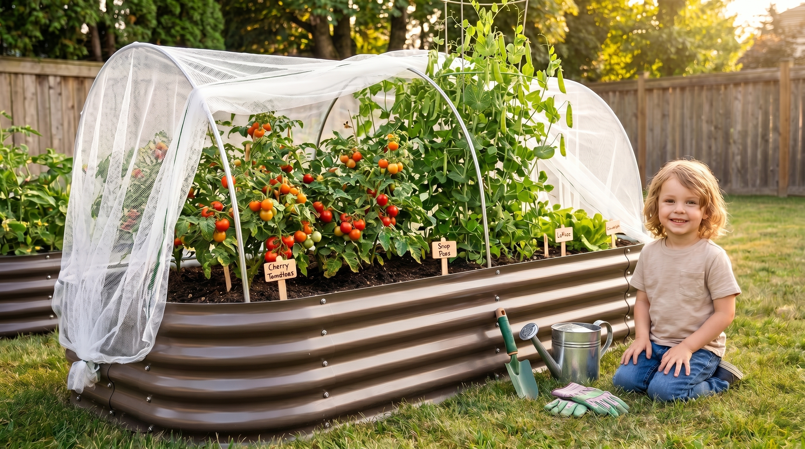 A child kneeling beside a raised garden bed with colorful vegetables and garden tools A child kneeling beside a raised garden bed with colorful vegetables and garden tools