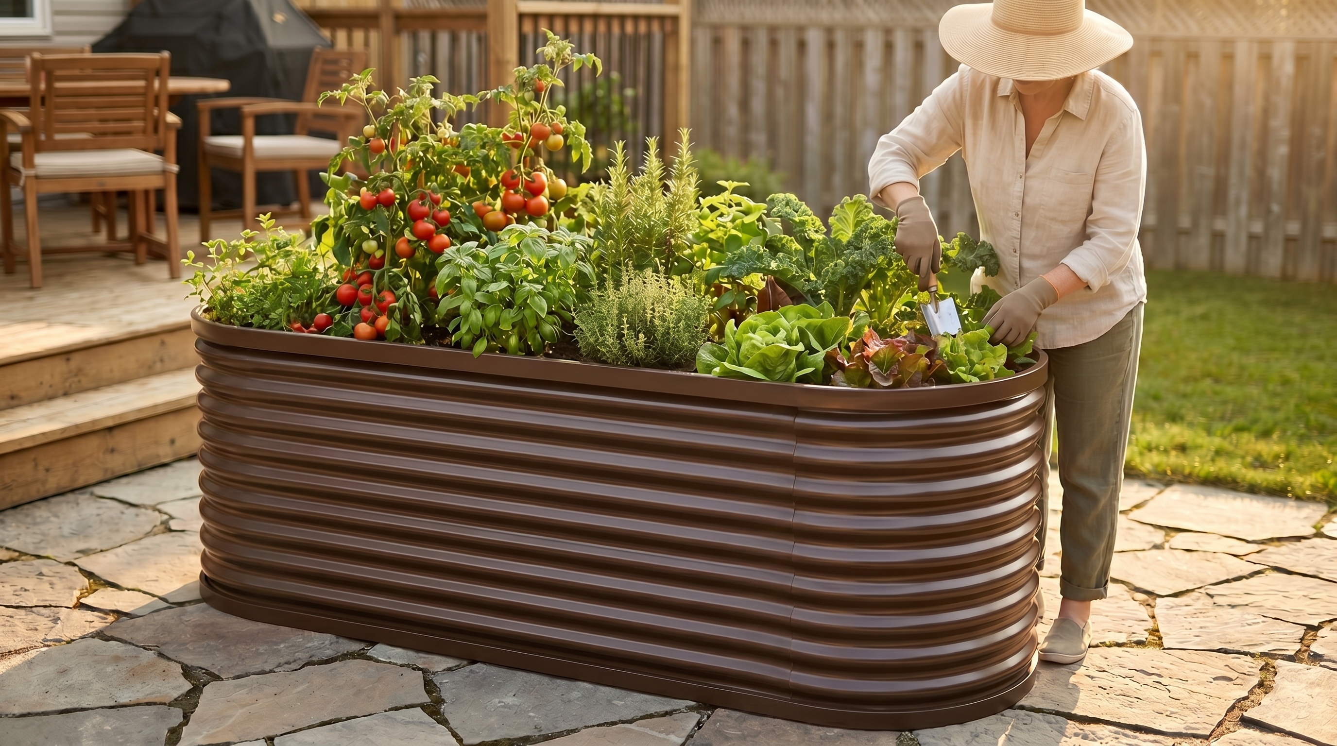 Waist-high 35-inch Anleolife galvanized steel raised garden bed on a patio surrounded by thriving vegetable plants