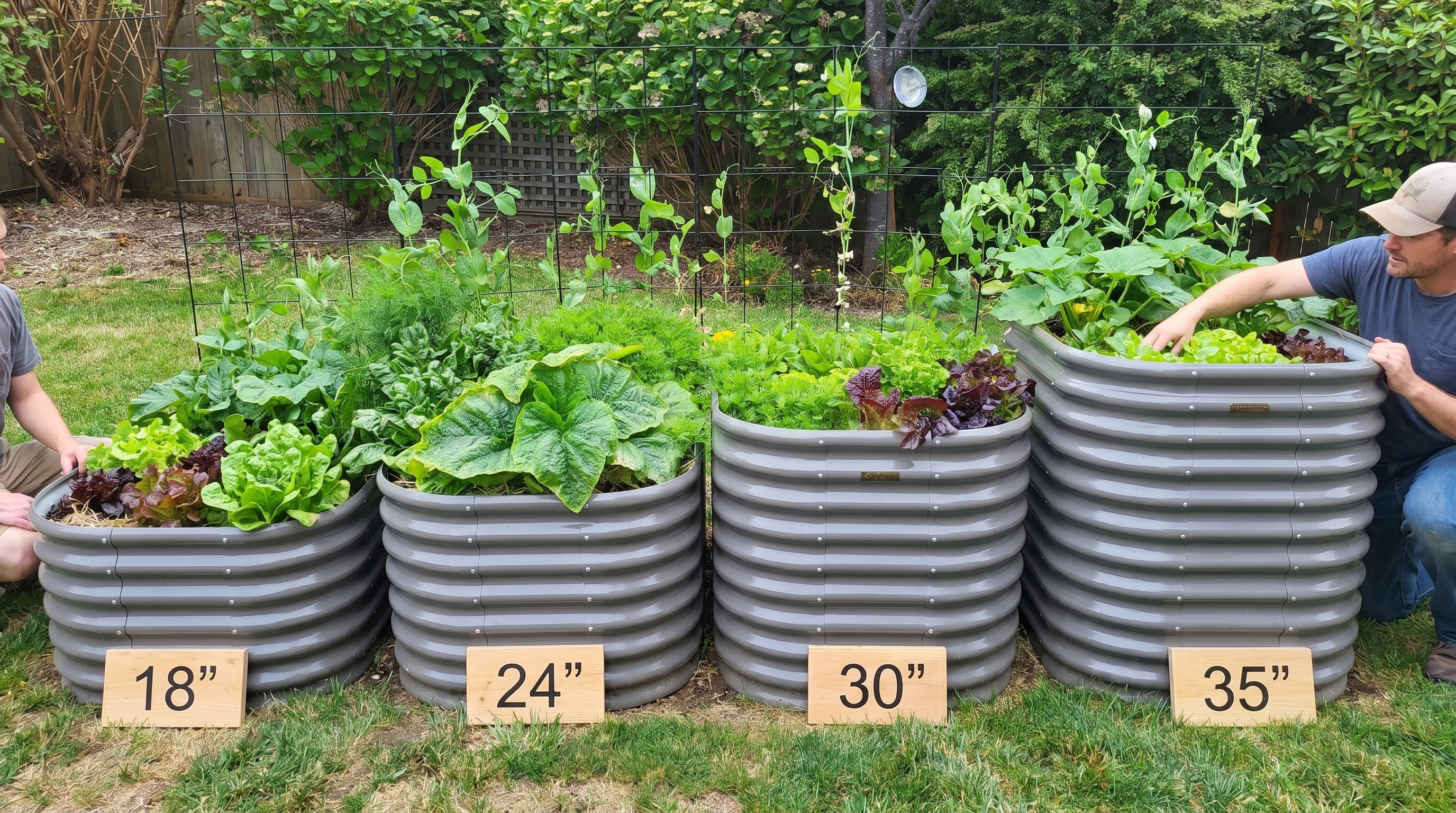 Raised garden bed height comparison showing 18-inch, 24-inch, 30-inch, and 35-inch metal beds in a backyard garden