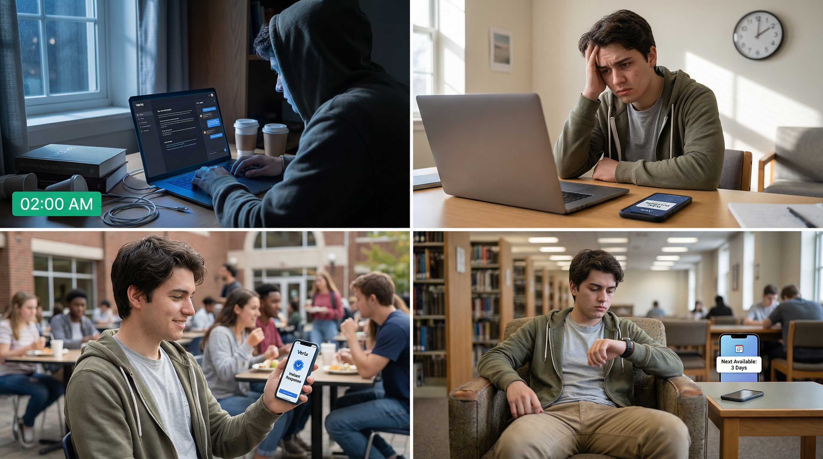 Student accessing Verla platform on multiple devices showing 24/7 availability