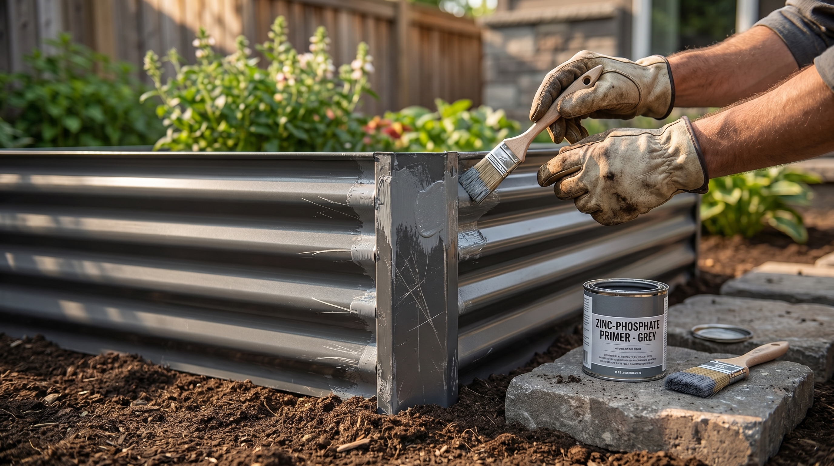 A close-up of a gardener applying rust-inhibiting touch-up paint to a metal raised garden bed corner joint
