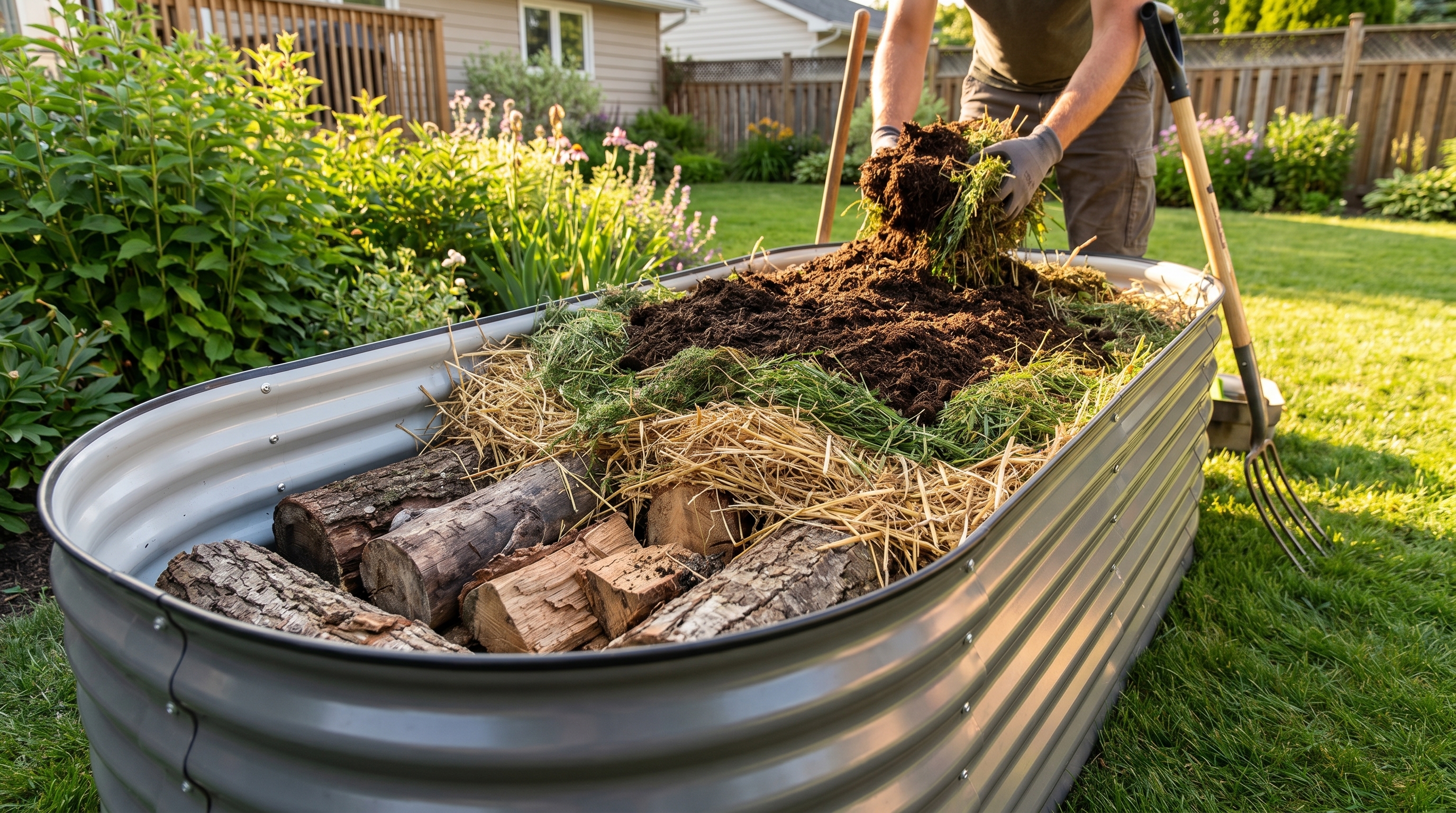 How to Fill a Large Raised Garden Bed on Budget Using Hugelkultur and Layering Methods