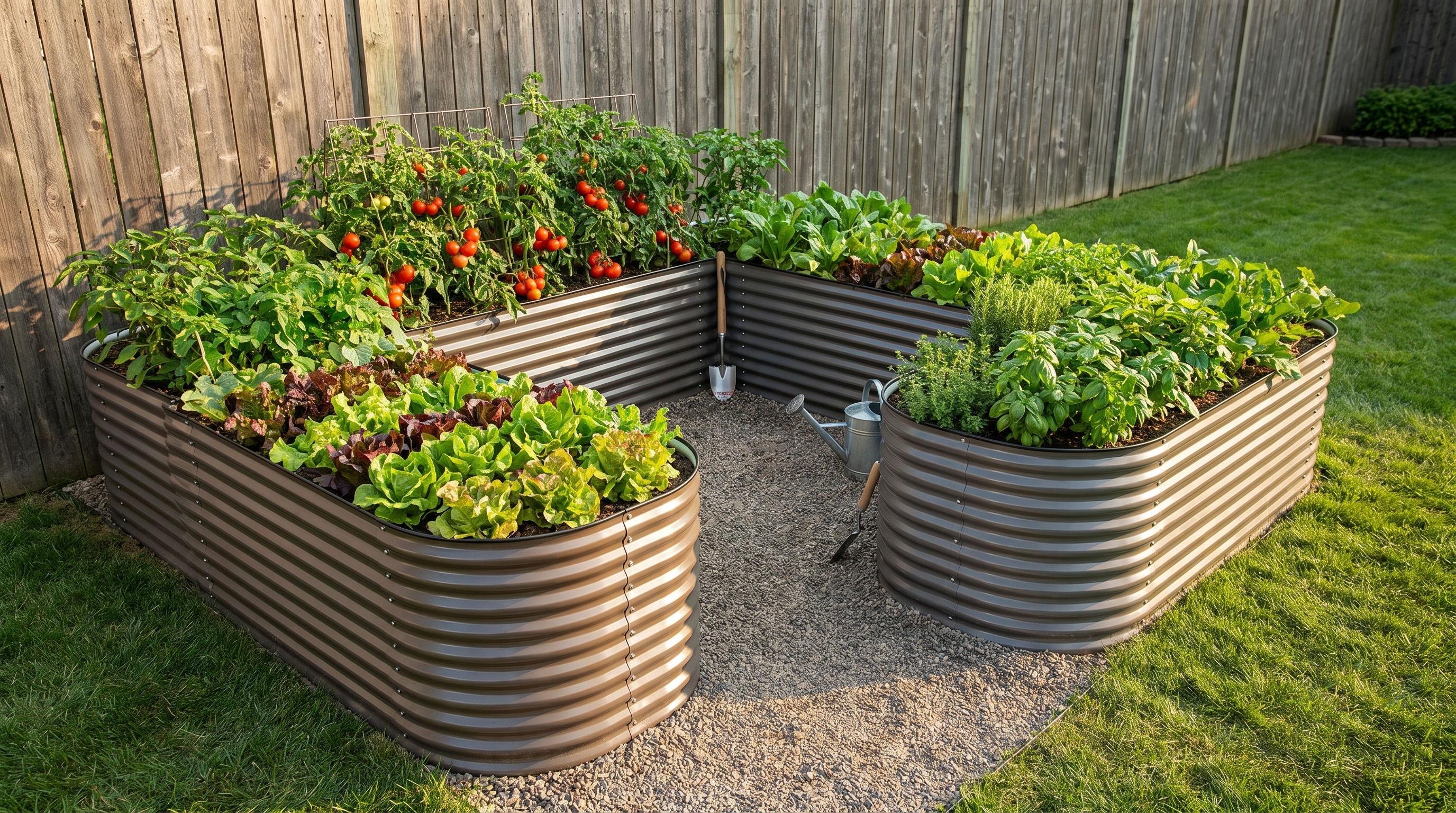 Galvanized modular raised garden beds arranged in U-shape raised bed layout with vegetables growing in backyard