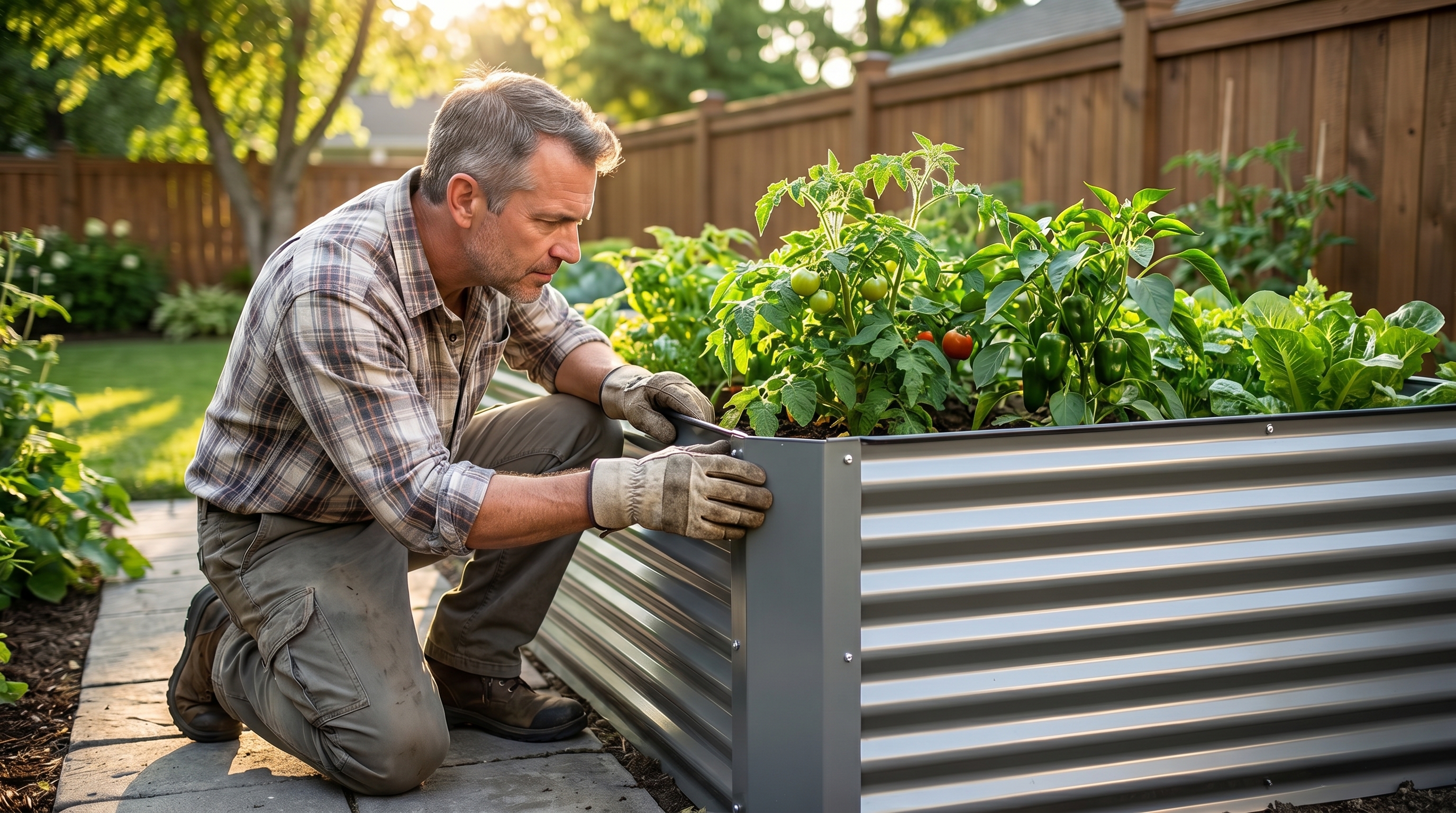 A gardener inspecting a galvanized metal raised garden bed for rust prevention and long-term protection