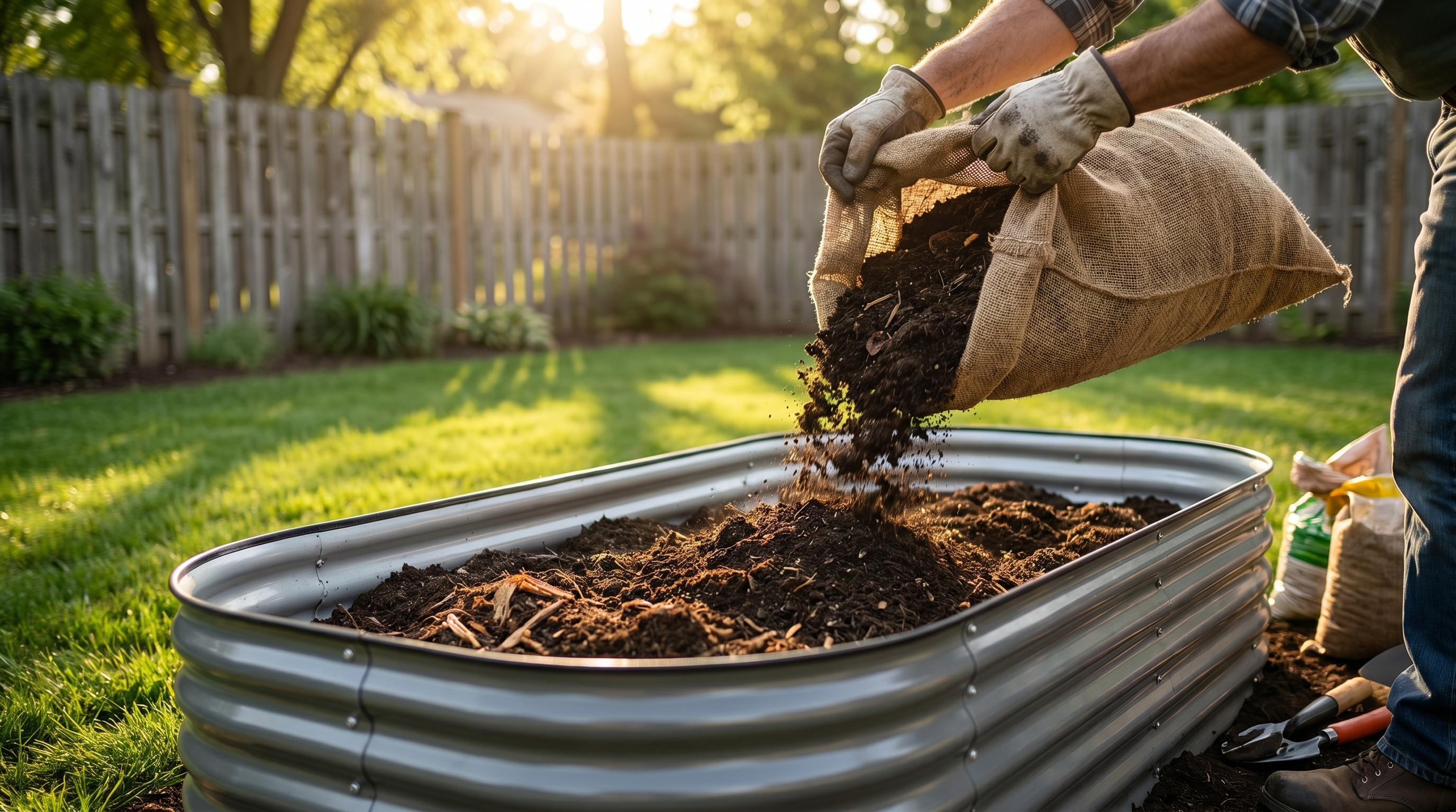 A gardener refreshing and rebuilding raised garden bed soil with compost and fresh amendments each spring season