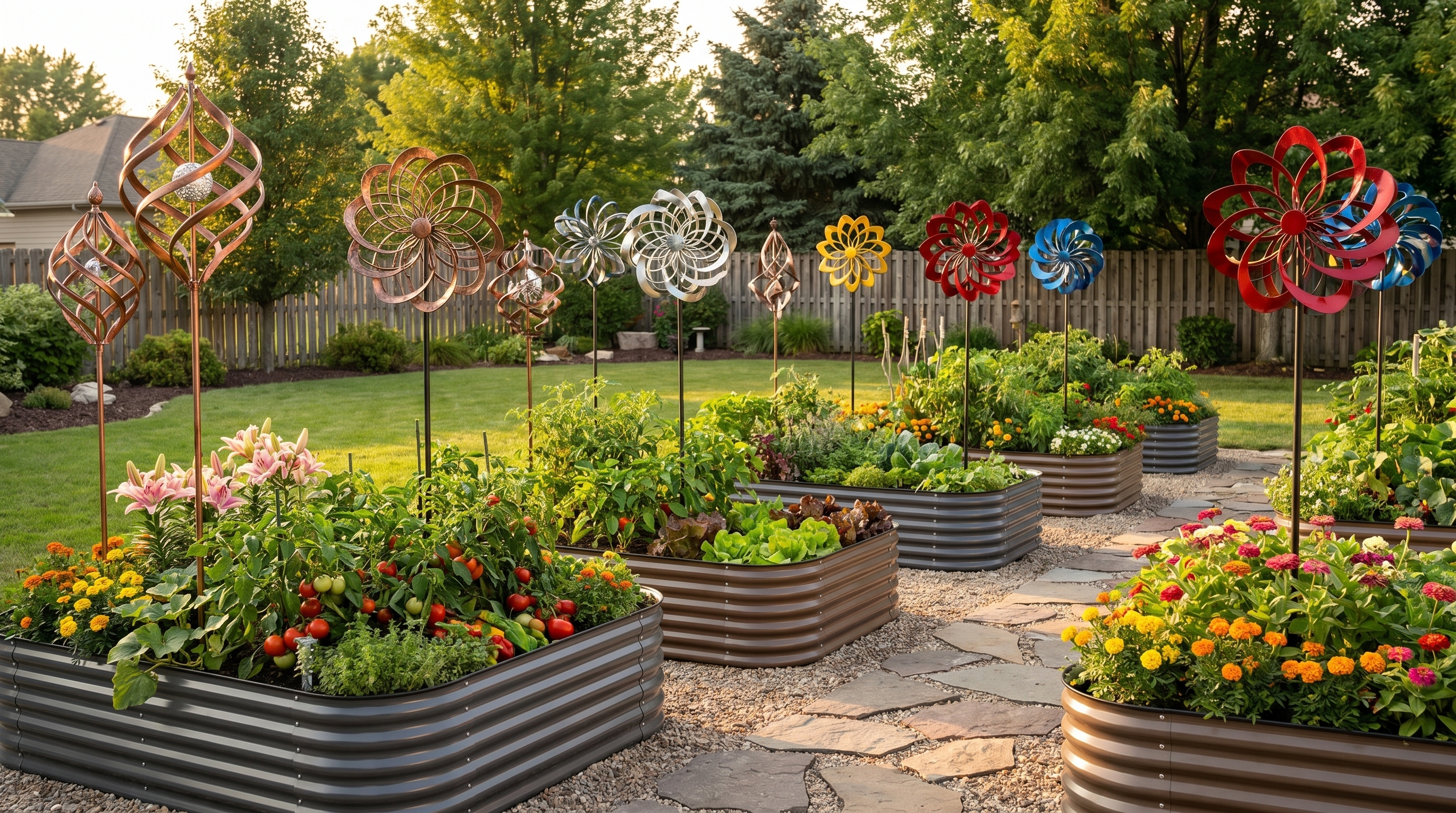 Kinetic wind spinners arranged alongside metal raised garden beds in a beautifully designed backyard garden space