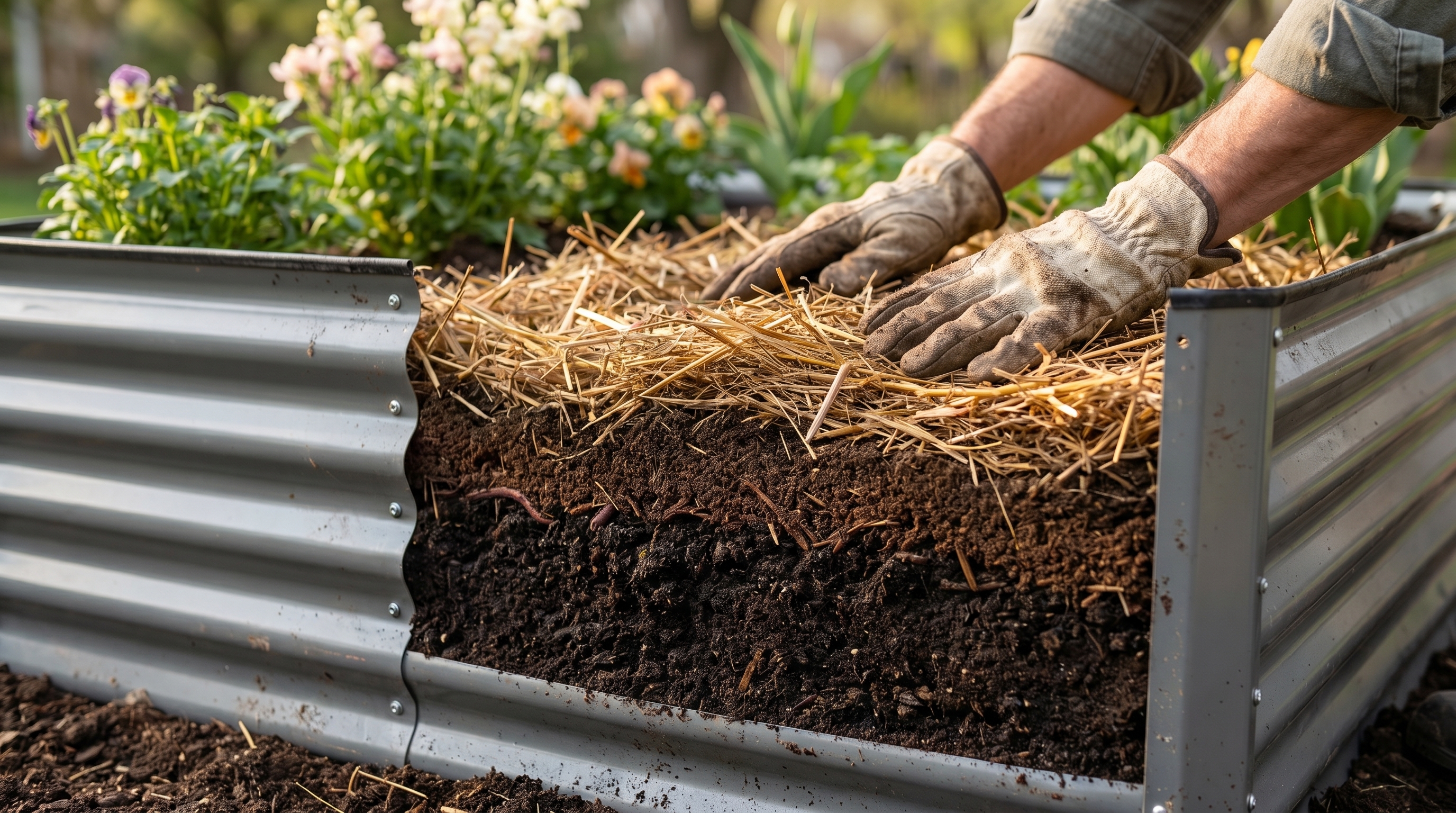 Layered raised garden bed soil with compost, amendments, and organic mulch ready for spring planting