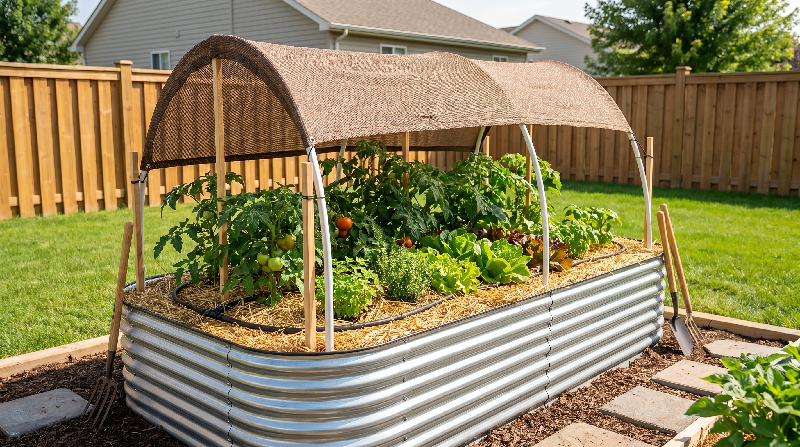 Shade cloth installed over metal raised garden bed with mulched soil and drip irrigation for summer heat protection
