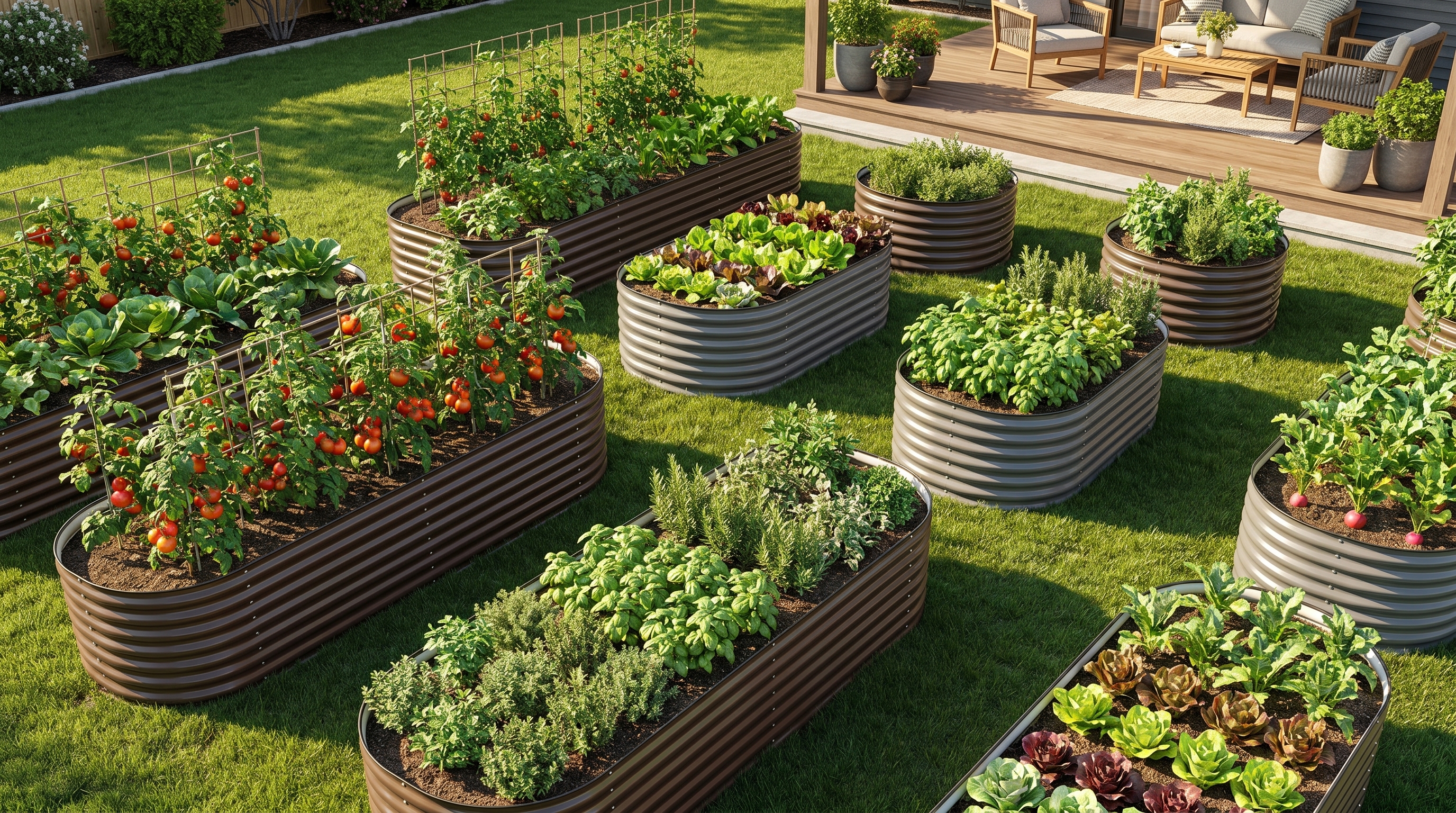 Rectangle and oval metal raised garden beds arranged in a productive backyard kitchen garden layout