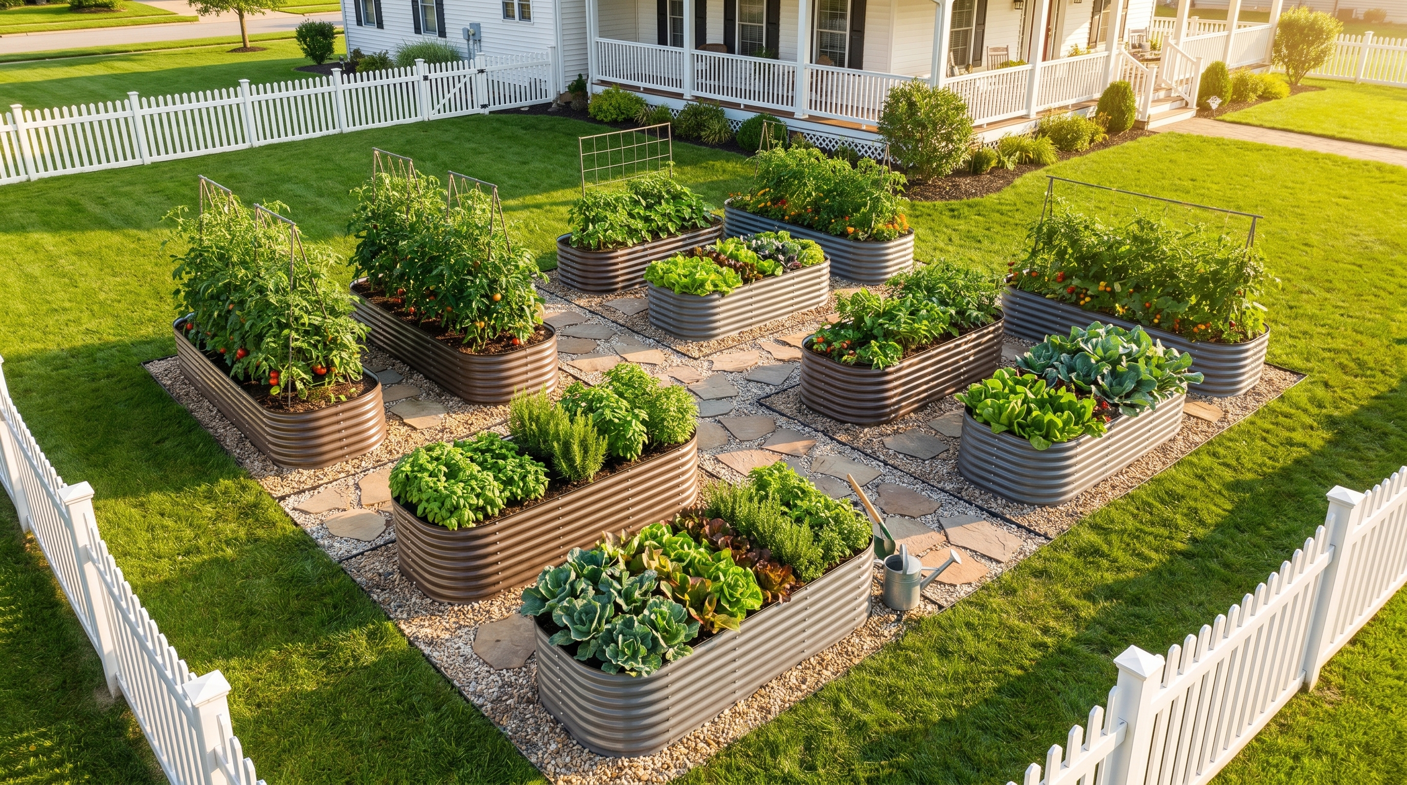 Multi-bed modular raised garden layout with pathways, companion planting sections, and a decorative garden design Multi-bed modular raised garden layout with pathways, companion planting sections, and a decorative garden design
