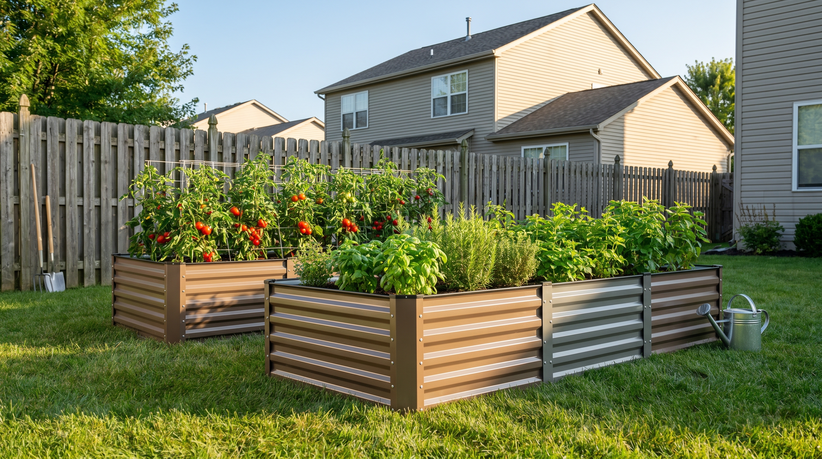 Modular raised garden bed assembled in a backyard with vegetables growing in organized sections Modular raised garden bed assembled in a backyard with vegetables growing in organized sections