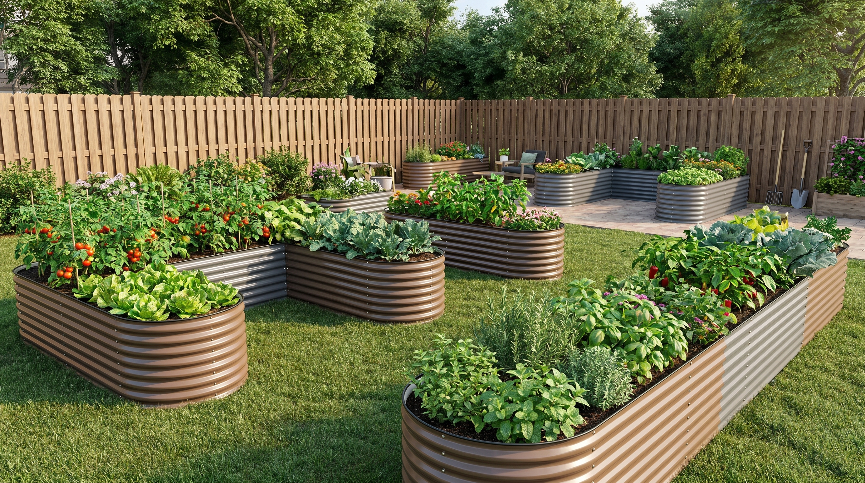 Modular raised garden beds arranged in flexible layouts in a backyard garden setting