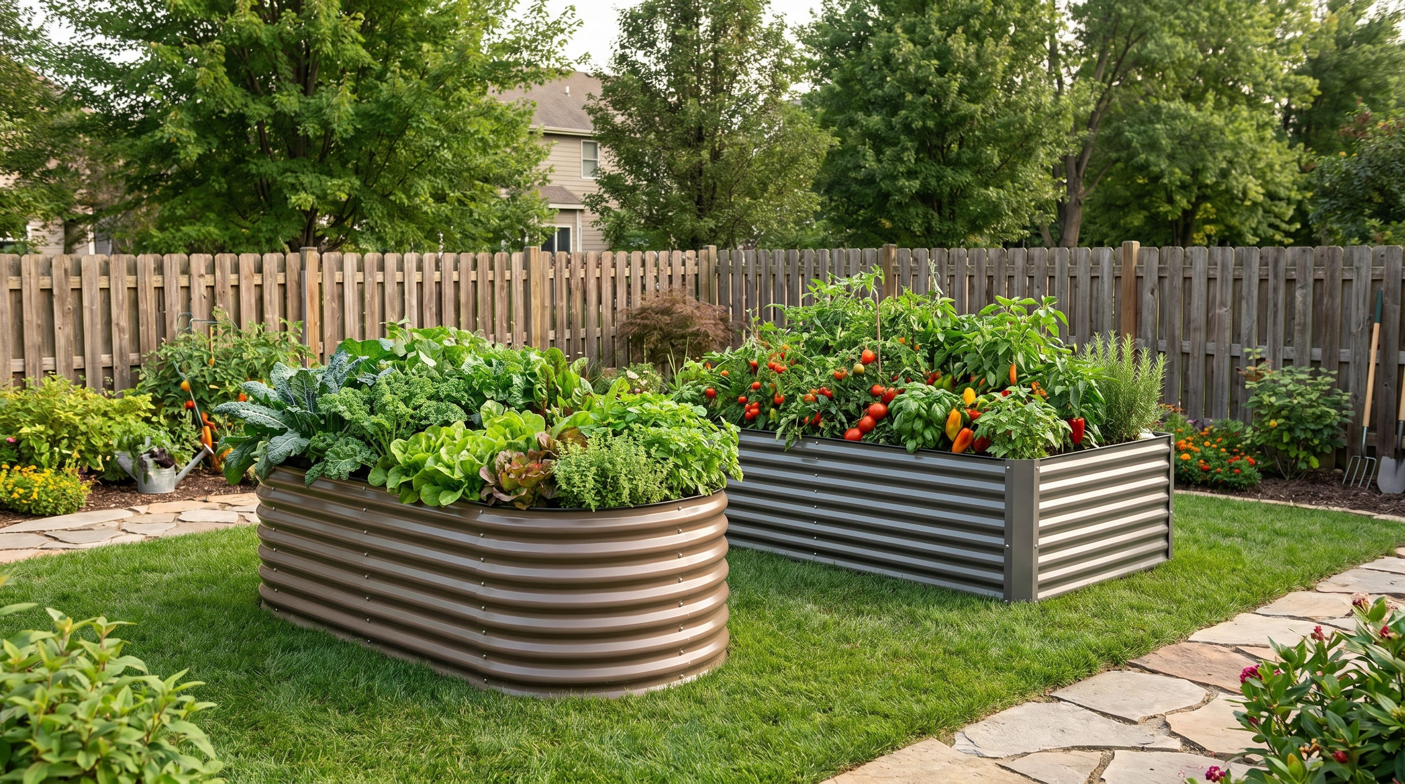 Oval vs Rectangle Raised Garden Beds side by side in a beautiful backyard garden setting