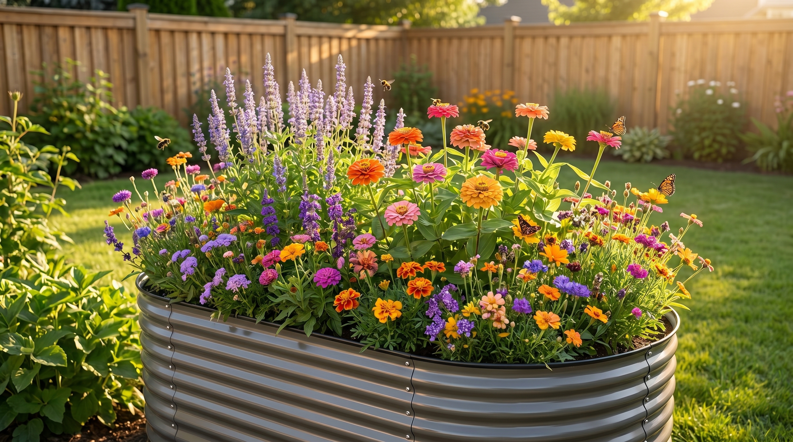 A vibrant raised garden bed filled with colorful pollinator-friendly flowers blooming in spring sunlight
