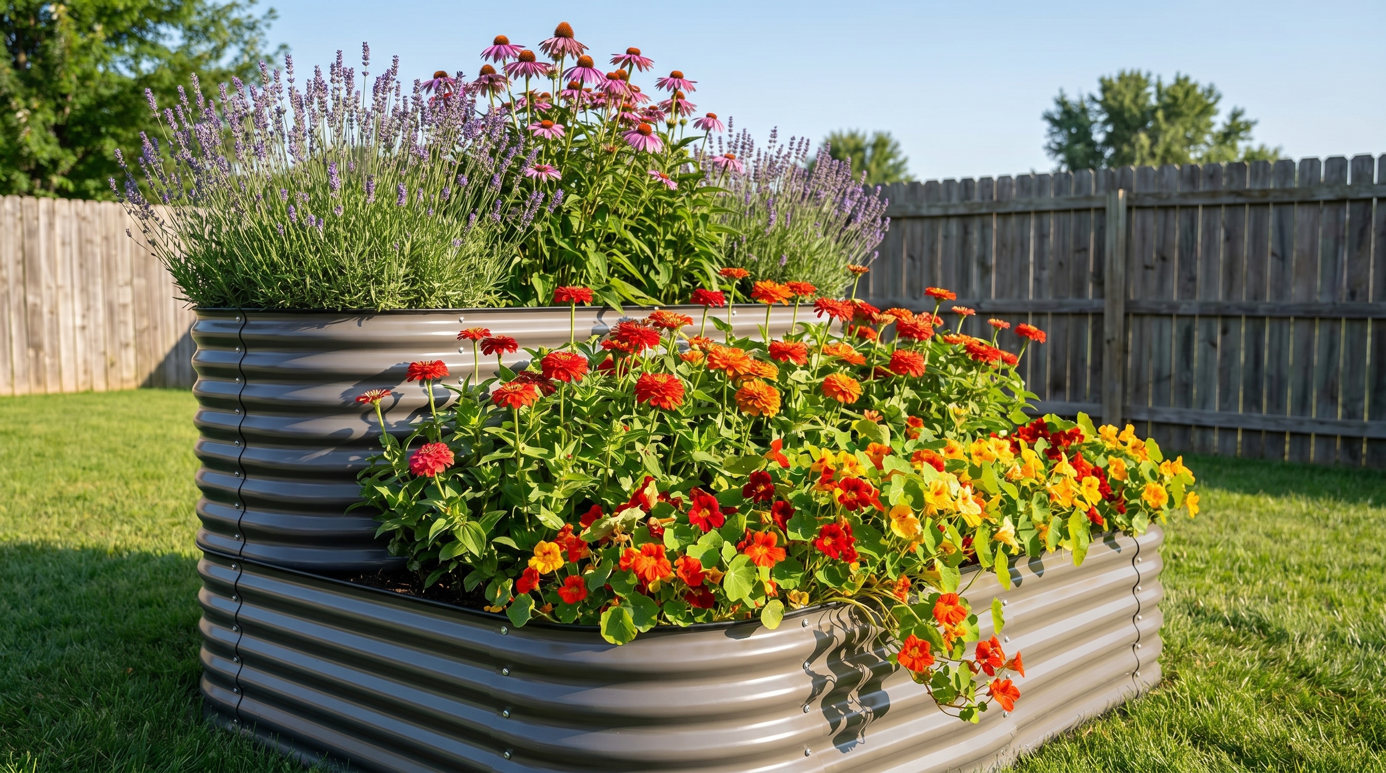 A tiered raised garden bed showing a well-planned pollinator flower layout with lavender, zinnias, and echinacea growing in organized rows