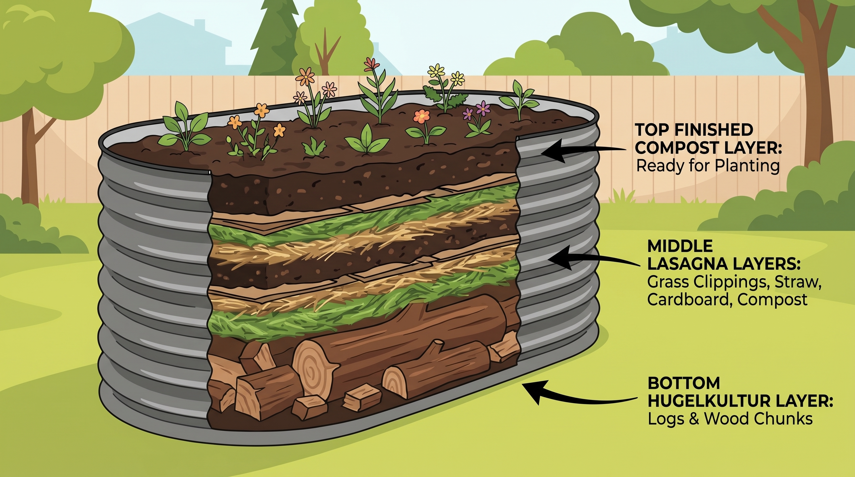 Cross-section diagram of a large Anleolife raised garden bed showing hugelkultur wood base, lasagna layers, and compost top layer