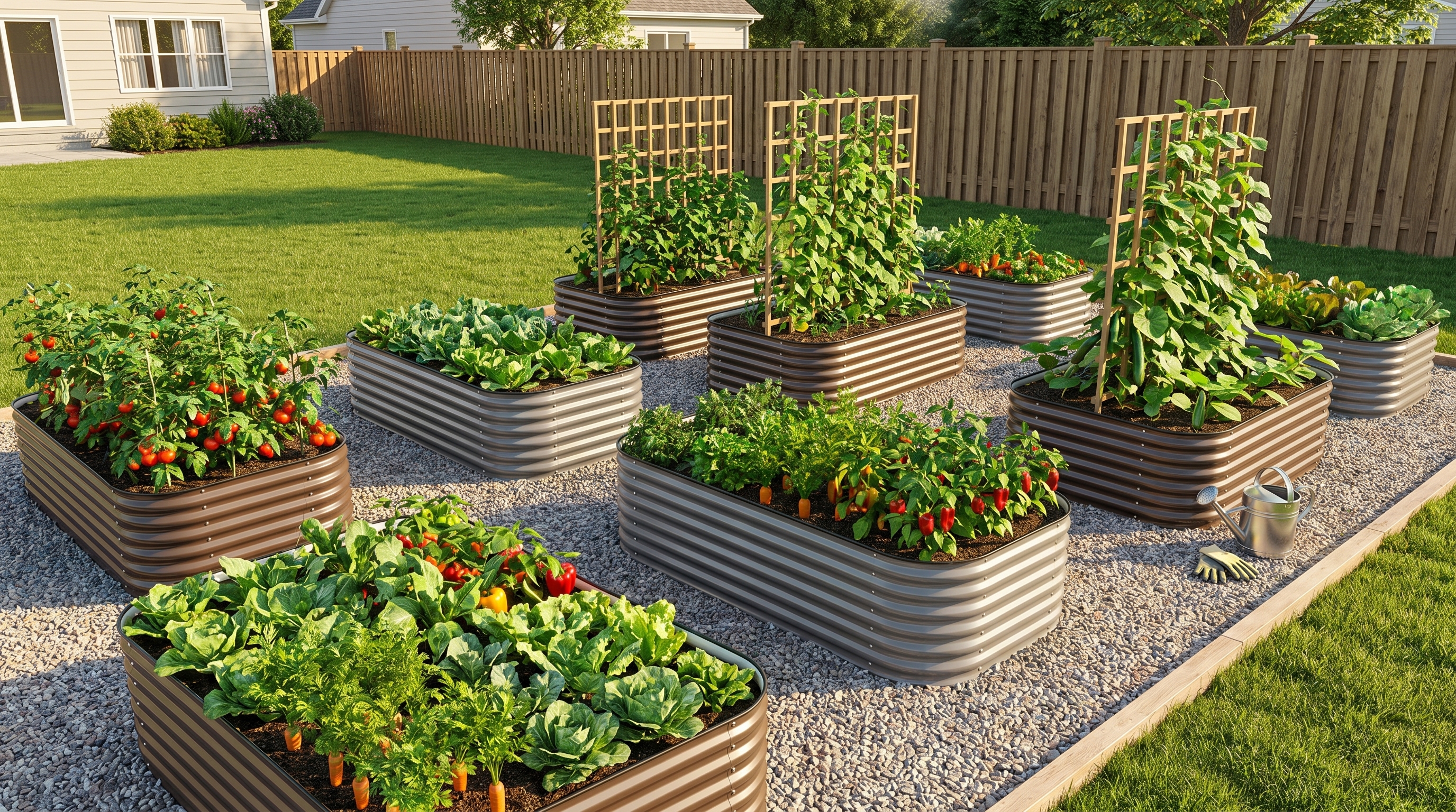 Galvanized steel raised garden beds arranged in a multi-bed layout with organized pathways and vertical trellises