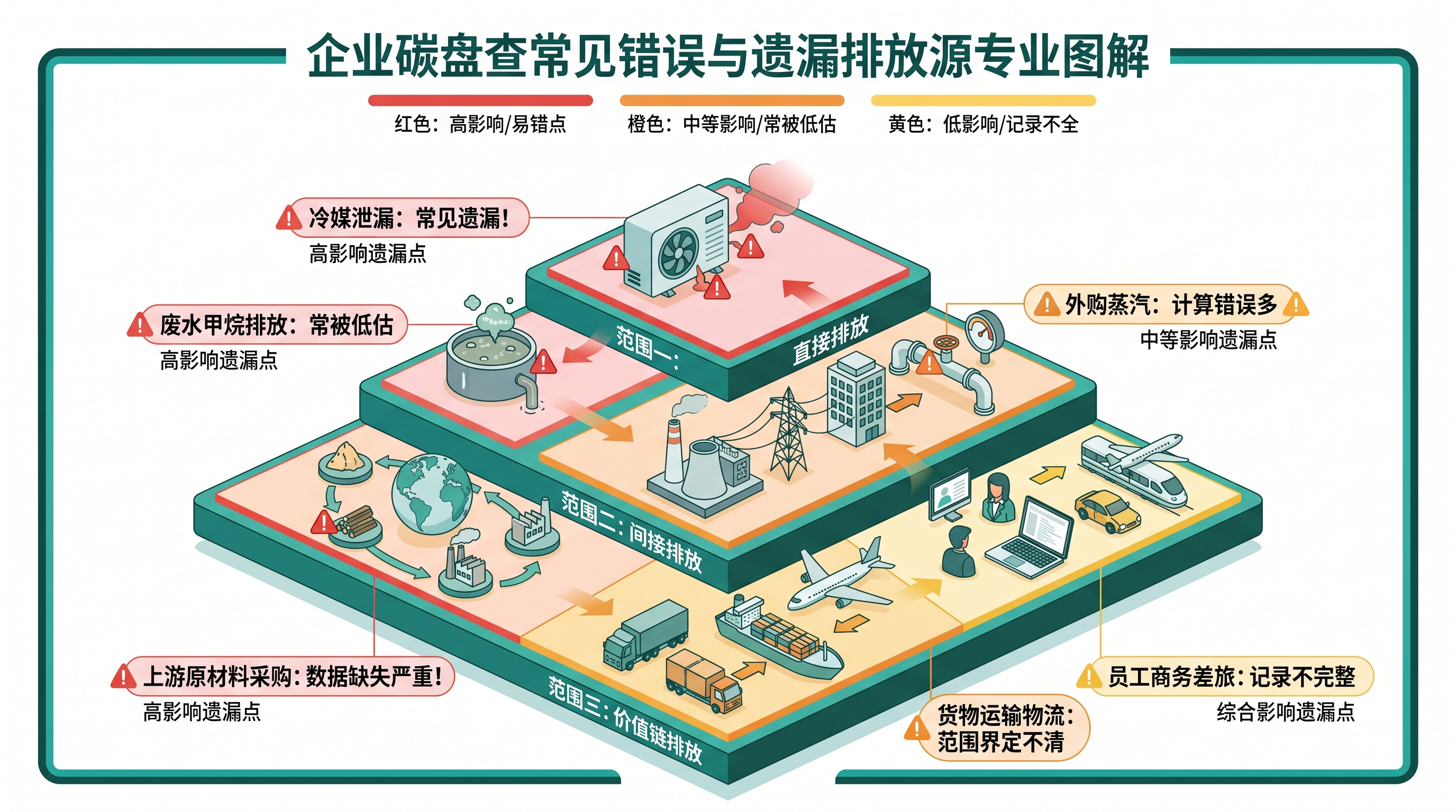 企业碳盘查常见错误与排放源遗漏示意图