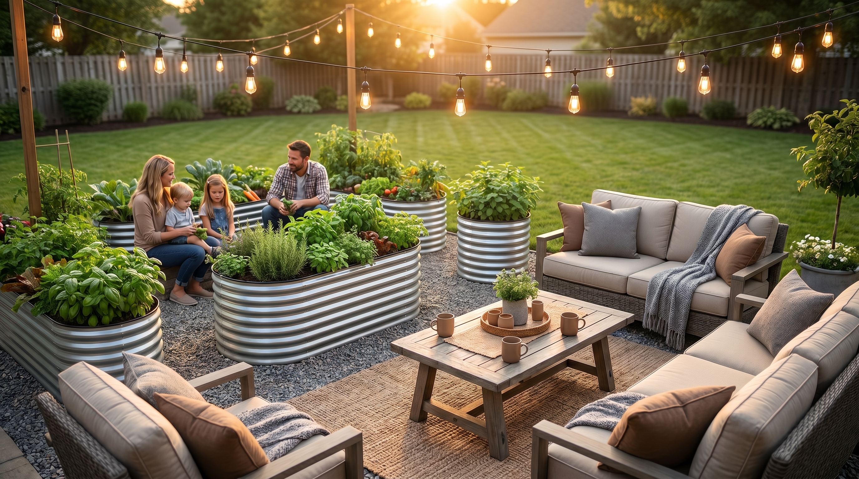 Cozy backyard space with raised garden beds, string lights, and family seating for outdoor evenings