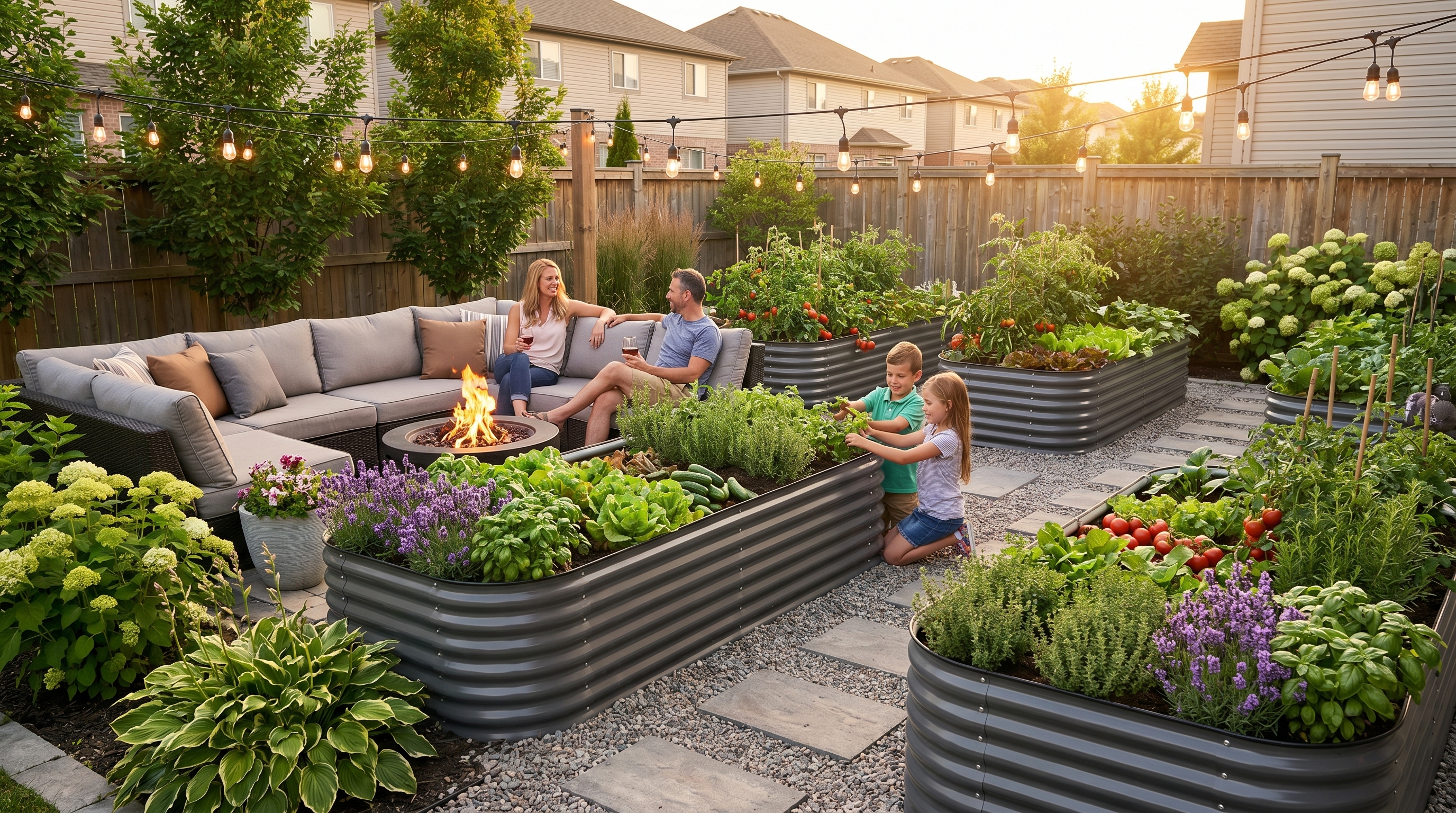 Family gathering in backyard with galvanized steel raised garden beds, string lights, and cozy outdoor seating