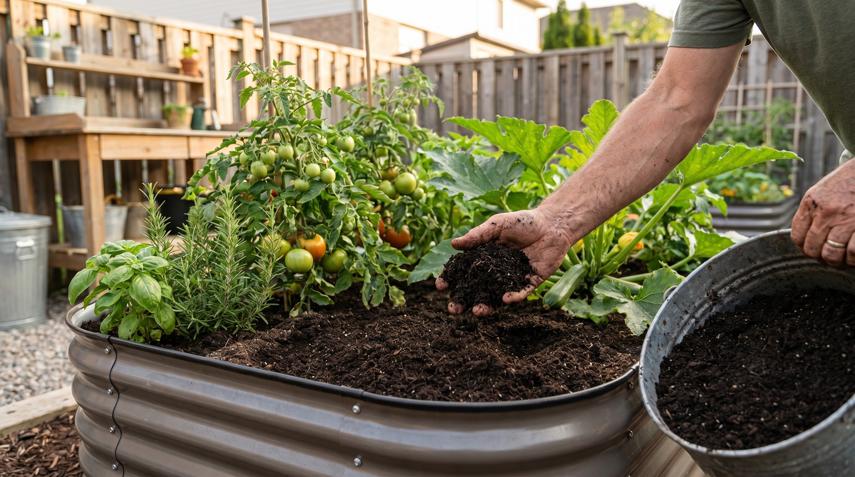 Gardener adding dark finished compost to a raised metal garden bed surrounded by thriving summer vegetables