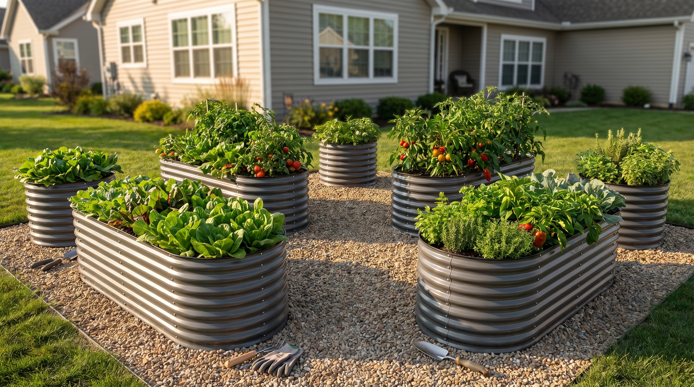 A beautifully organized multi-bed garden system with raised metal beds arranged in a backyard