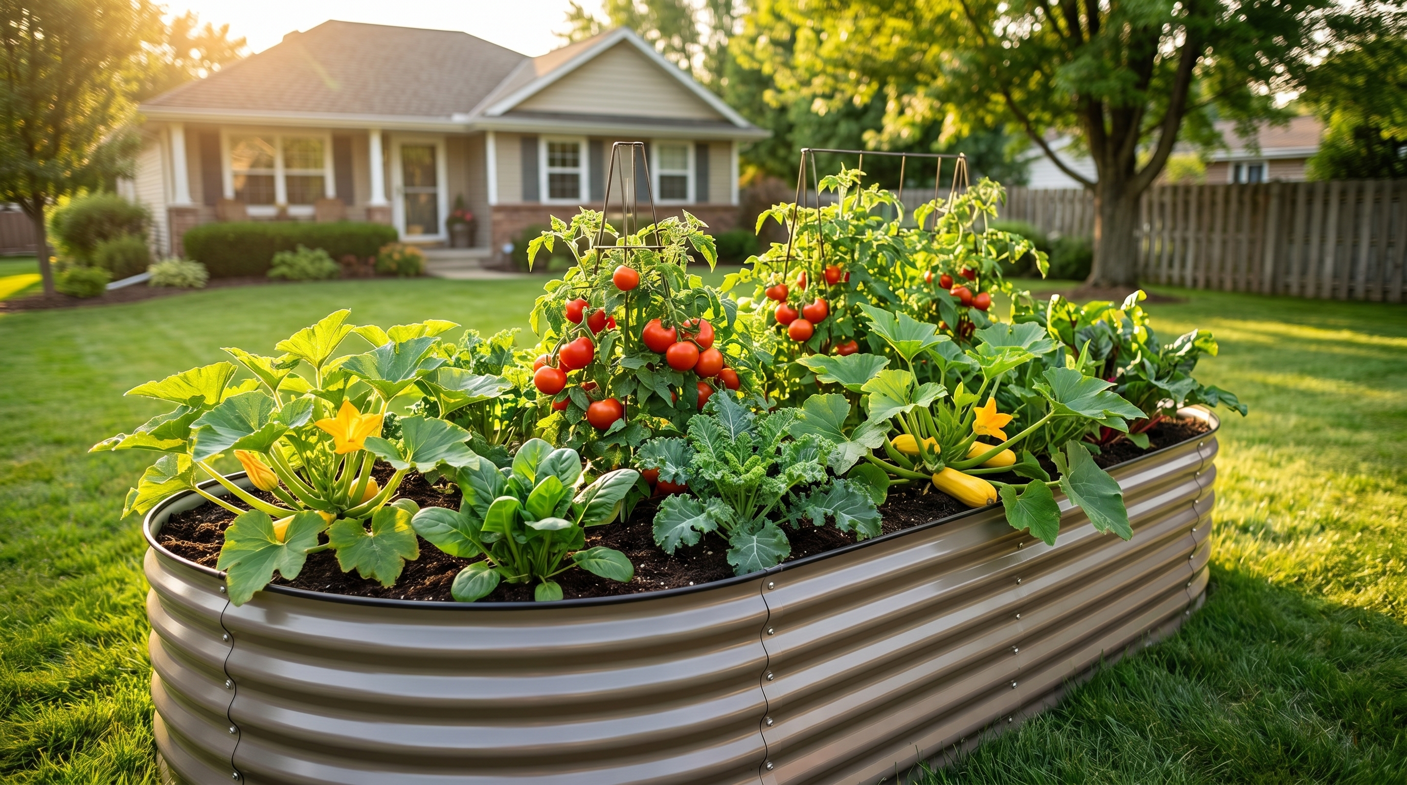 A flourishing raised bed garden filled with vegetables growing in rich dark compost-amended soil