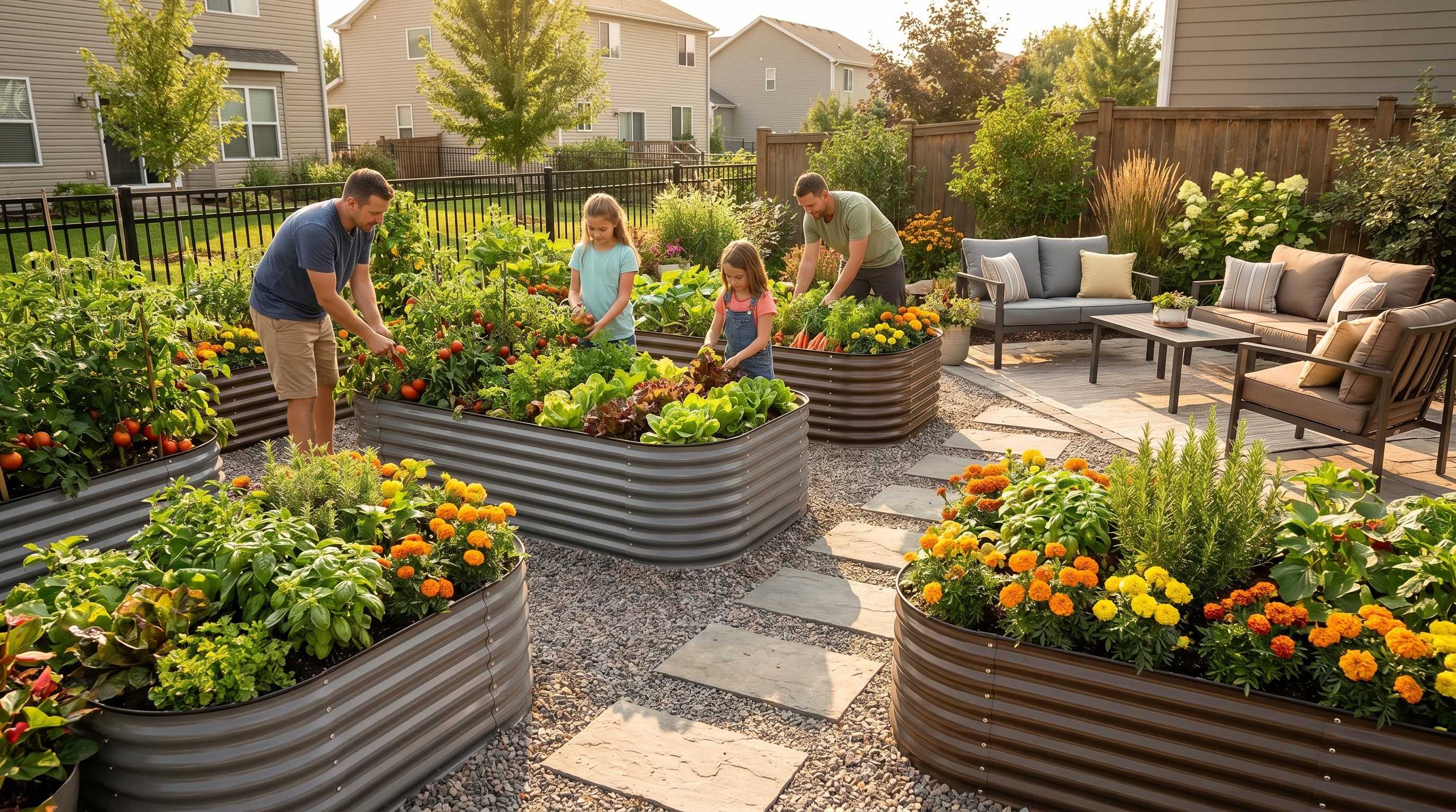 Family tending raised garden beds in backyard with pathway and outdoor seating area