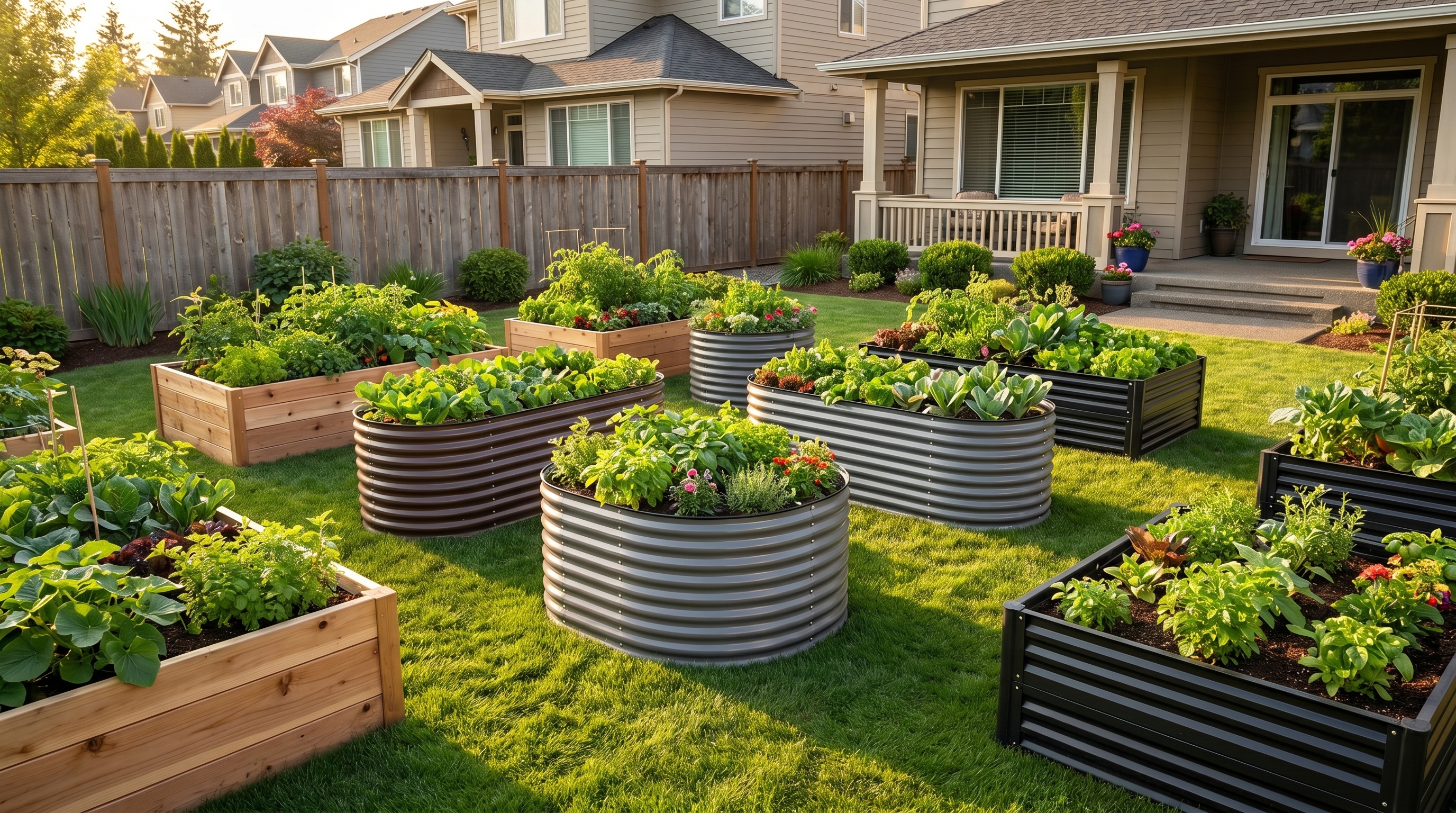 Raised garden bed cost guide 2026 showing metal and wood options in backyard